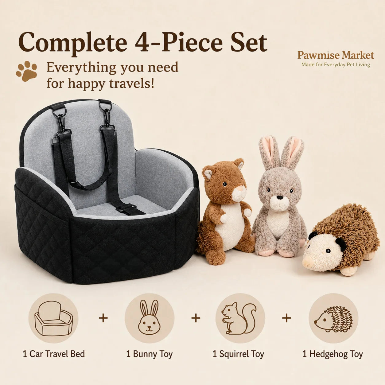 Compact Dog Car Seat Bed With Washable Cushion Travel Straps