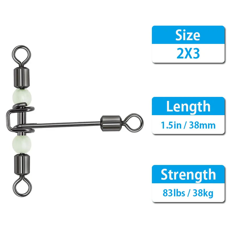 30pcs 3 Way Fishing Swivels Cross Line T Shape Swivels Fishing Snap Connectors with Glow Beads Tackle Saltwater Freshwater