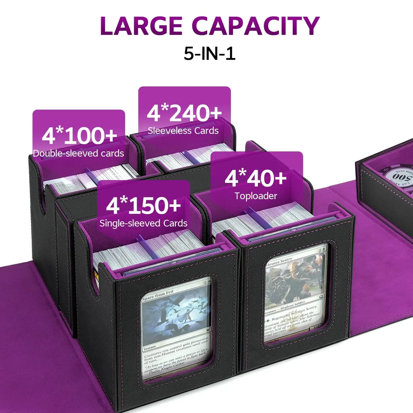 Commander Deck Box for MTG, Trading Card Storage Box Fits 400+ Double-Sleeved Cards, 5-IN-1 Multi-purpose Removable Deck Case with Dice Tray, Display Window for TCG/Sports Card