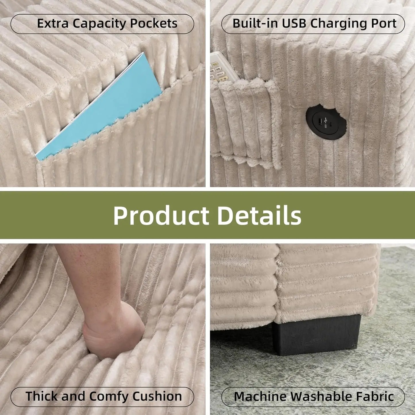 Corduroy Accent Chair With USB Charger Pocket Storage