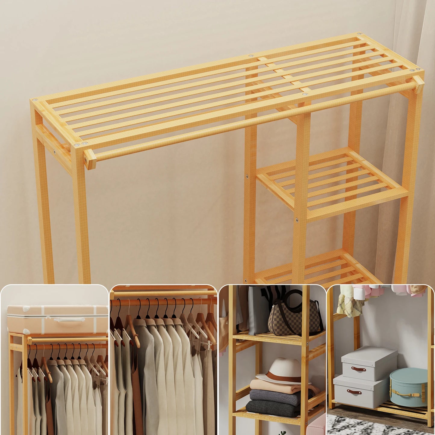 Bamboo Garment Rack 6 Tier Open Wardrobe Storage Organizer