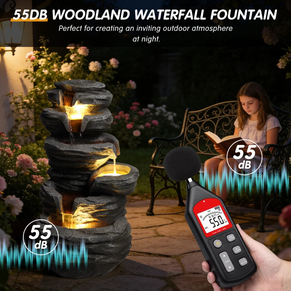 Outdoor Stacked Rock Waterfall Fountain With Integrated Garden Lighting
