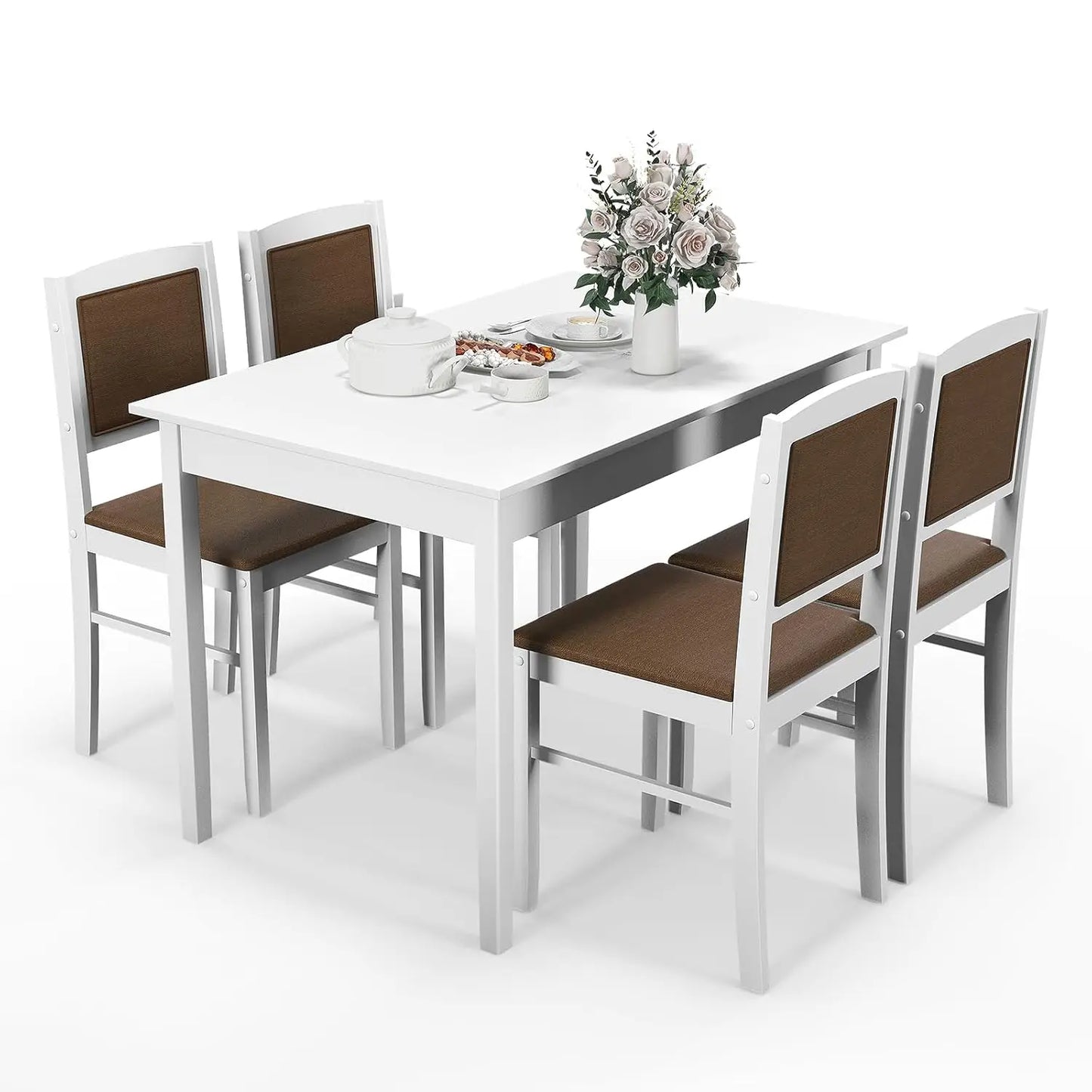 Farmhouse Solid Wood Dining Table Set 4 Upholstered Chairs