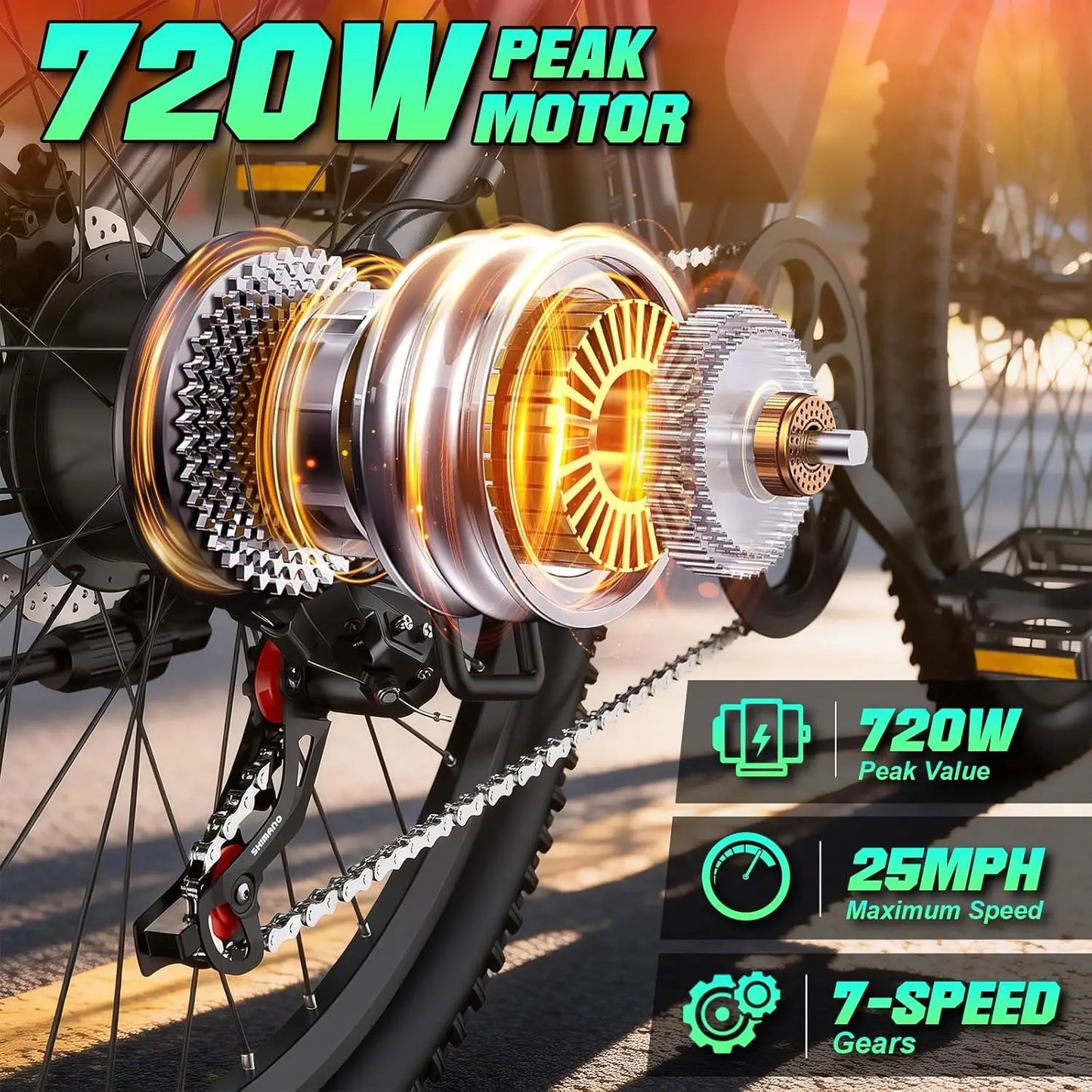 Electric Bike For Adults 7 Speed 25 MPH 720W Motor