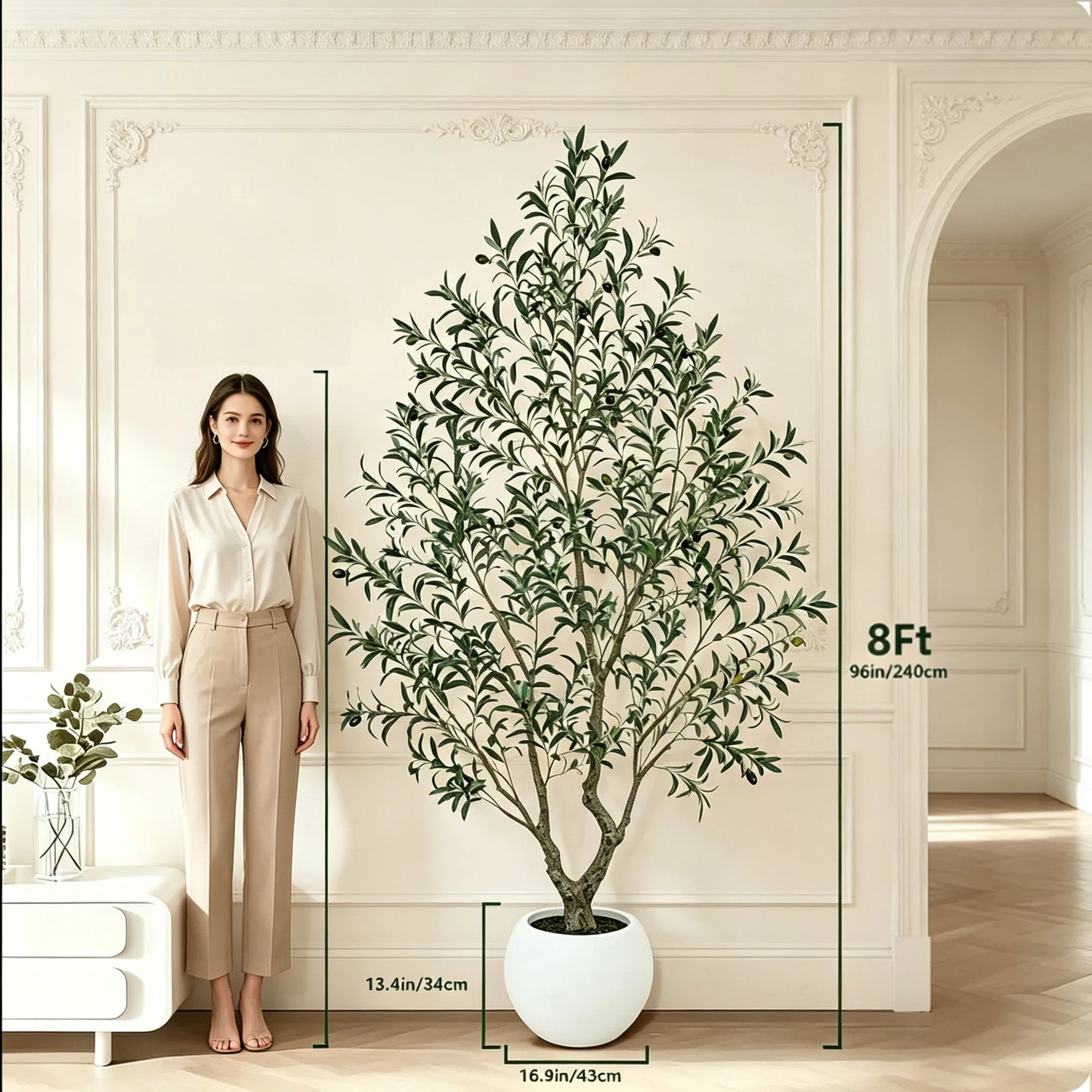 5/6/7/8FT Olive Tree Artificial Indoor Outdoor Faux Olive Tree in Decorative Planter Fluffy Artificial Plants with Natural Wood Trunk and PE Lifelike Fruits for Home Living Room Office Decor