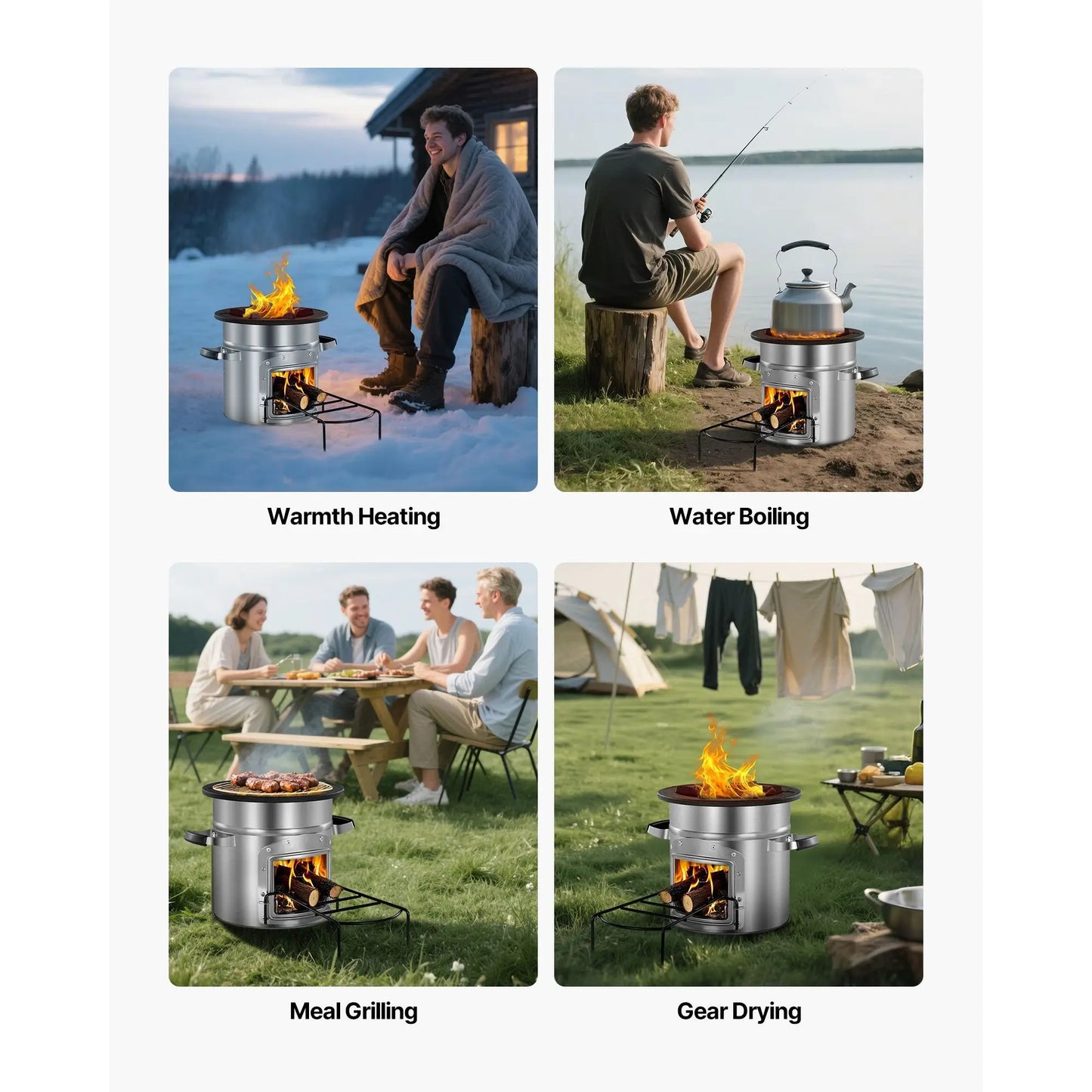 Camping Rocket Stove, Wood Burning Portable Rocket Stove with Carrying Bag for Backpacking, Stainless Steel, Single Door, Burn Wood, Twigs or Sticks for Outdoor Cooking, Backyard, Camp Cooking,Silver