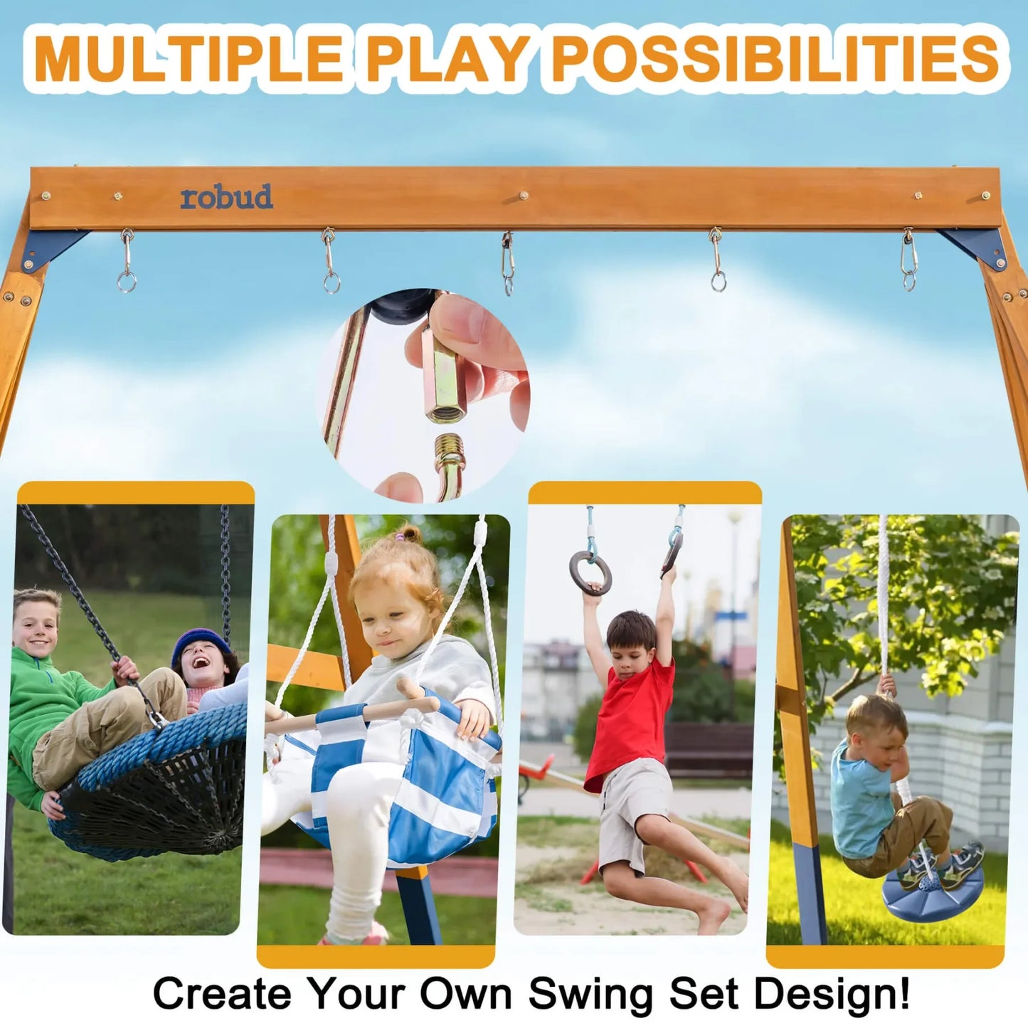 Robotime 3 In 1 Playground Wooden Swing Set For Backyard