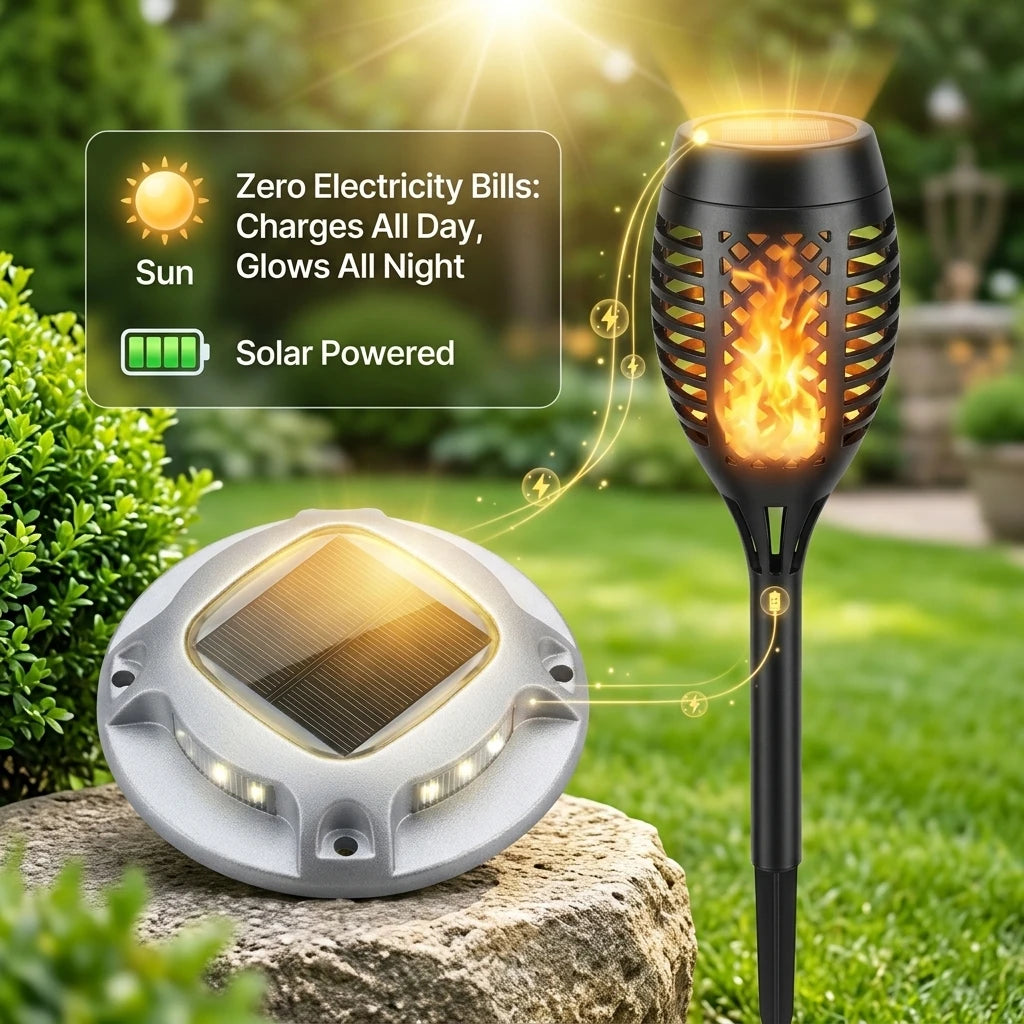 Solar Outdoor Torch And LED Ground Lights For Garden Pathways