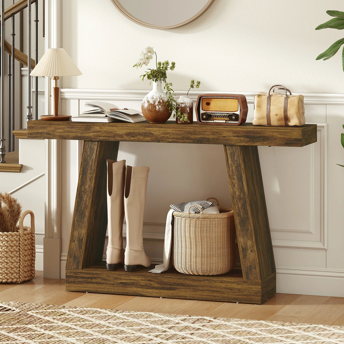 55.1" Narrow Entryway Table, 2-Tier Farmhouse Console Table with Thickened Tabletop, Storage Shelf and Trapezoidal Base for Behind Couch Sofa, Living Room, Hallway, Entrance, Rustic Brown