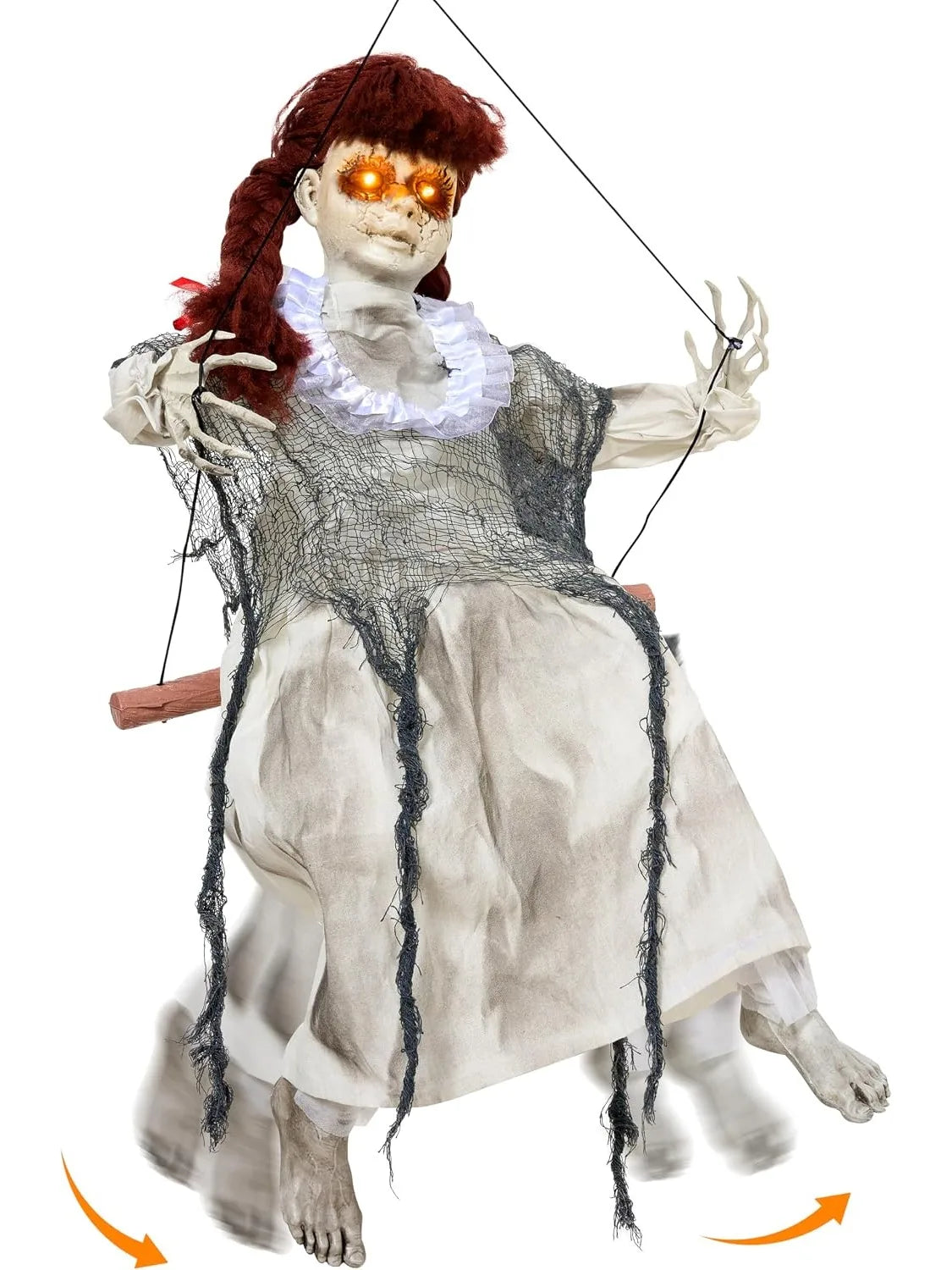 Hanging Scary Swing Girl Halloween Decorations Outdoor Halloween Decorations Winging White Doll with Creepy Sound and Light Up Eyes Sound, Animatronics Hanging Decors Activated