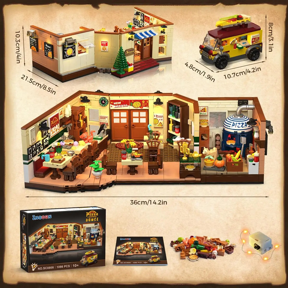 HOGOKIDS City Street Pizza Restaurant Building Set With LED House