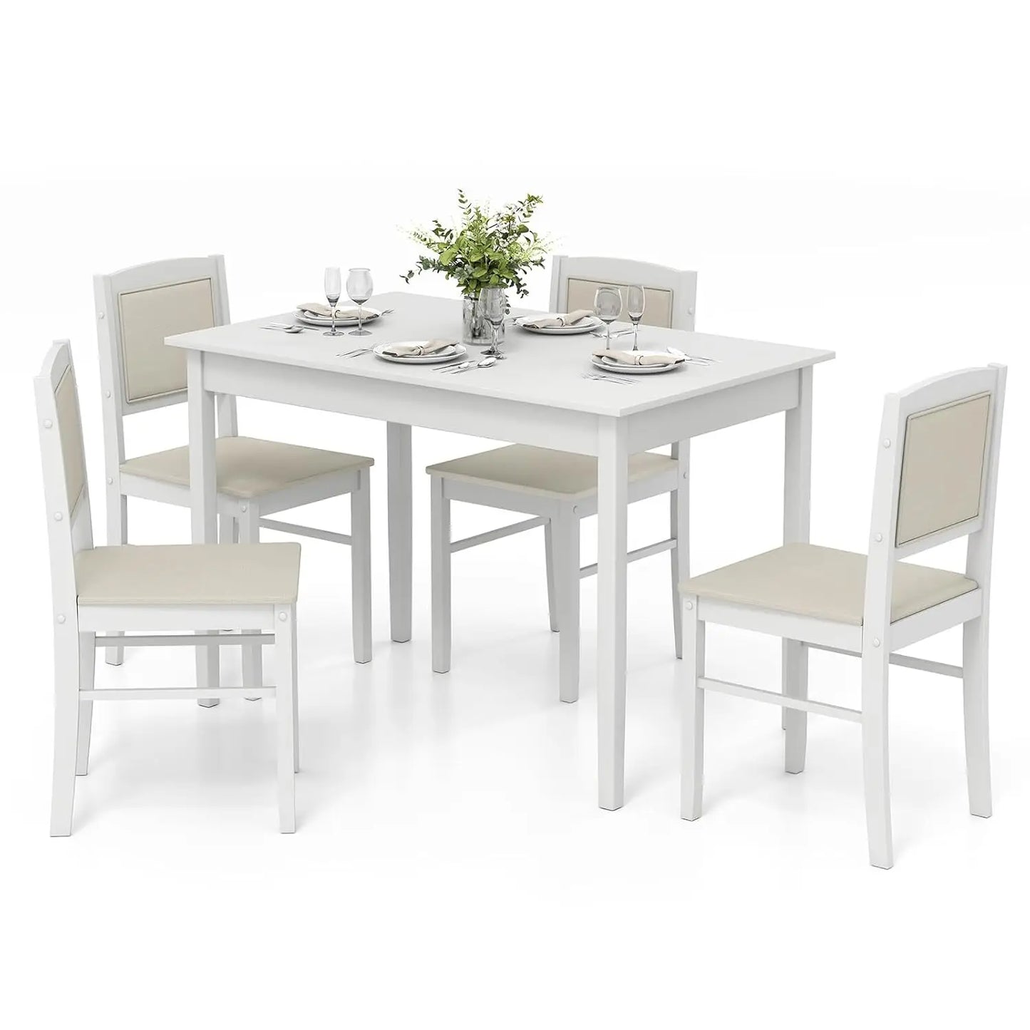 Farmhouse Solid Wood Dining Table Set 4 Upholstered Chairs