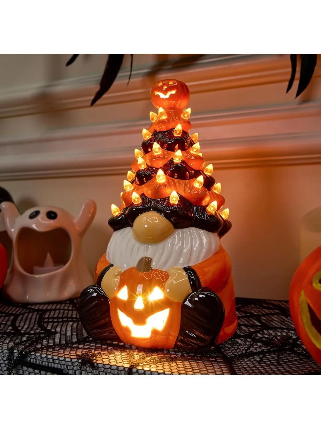 8.5 inch Tall Halloween Decoration Pumpkin Gnome Ceramic Tree with Build-in LEDs Tabletop Decor for Halloween Indoor Party Supplies Decoration, Battery Operated, Home Party Decors