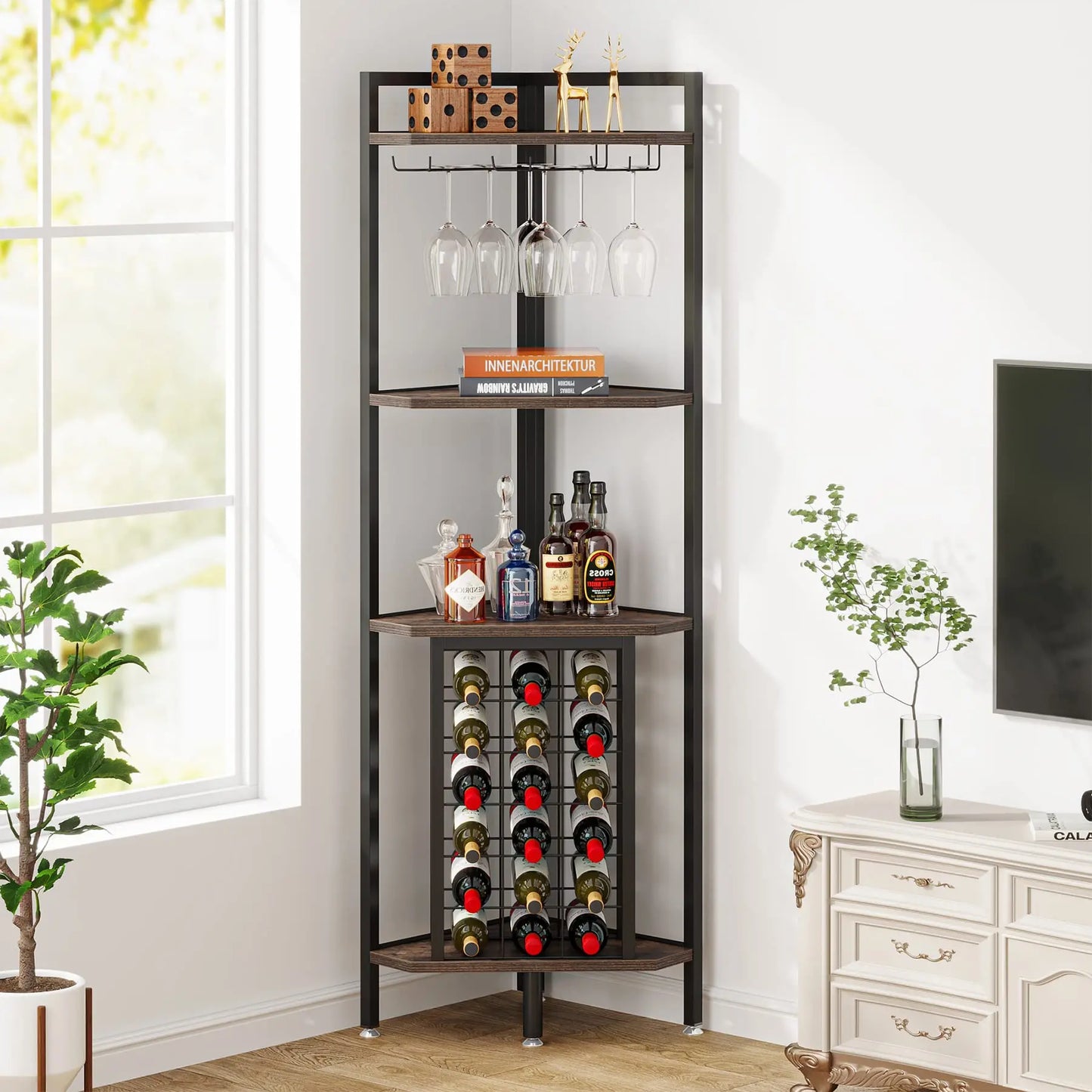 Tribesigns Wine Rack Cabinet Quad Tier Corner Shelf Glass Holder