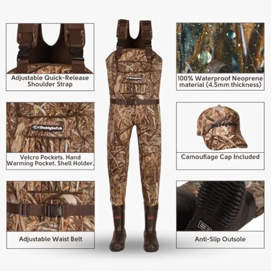 Fishing hunting chest waders for kids and adults, neoprene material, camouflage color, bootfoot design with wader hanger includ