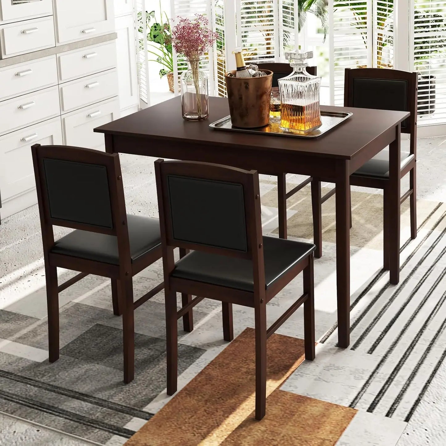 Farmhouse Solid Wood Dining Table Set 4 Upholstered Chairs