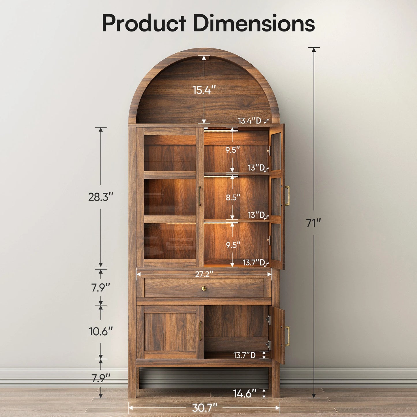 71 Inch Tall Full Wood Arched Storage Cabinet Adjustable Shelves Bookcase with Dimmable LED Lights for Living Room Bedroom