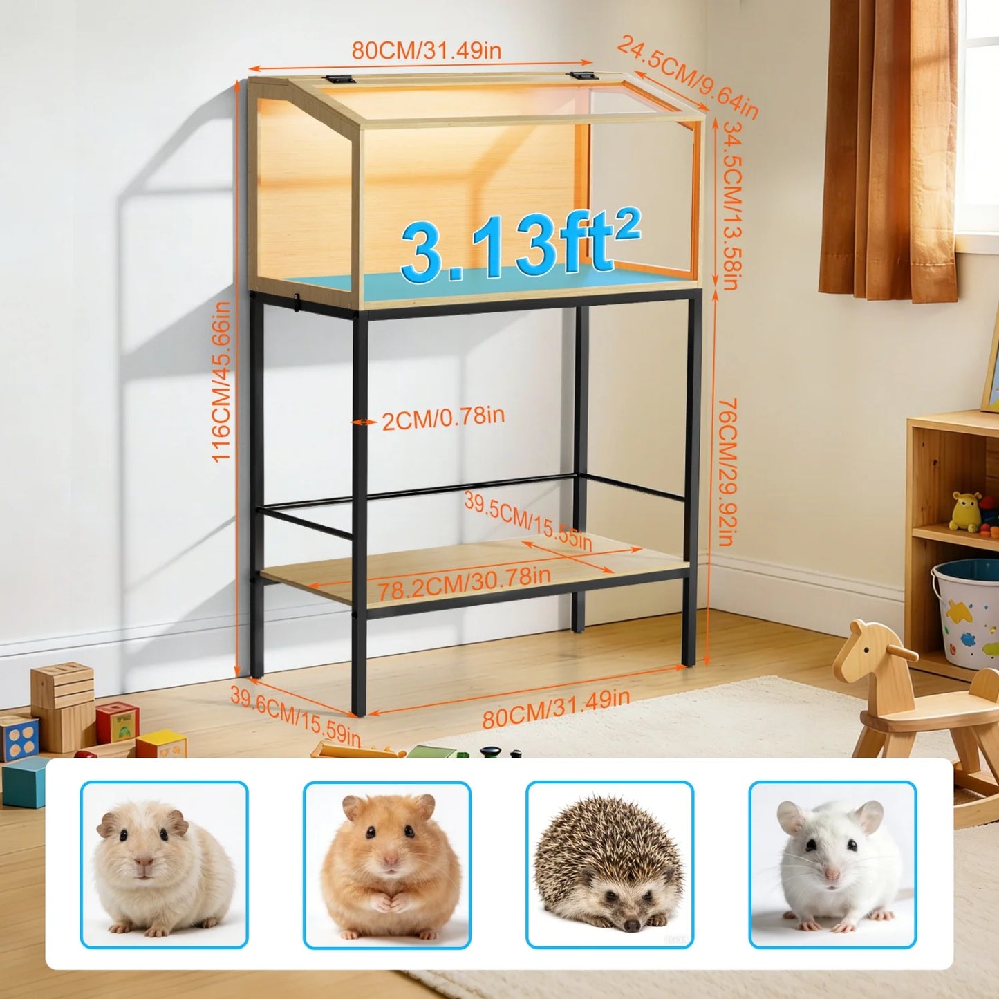 Wooden Hamster Guinea Pig Habitat Cage With Tempered Glass