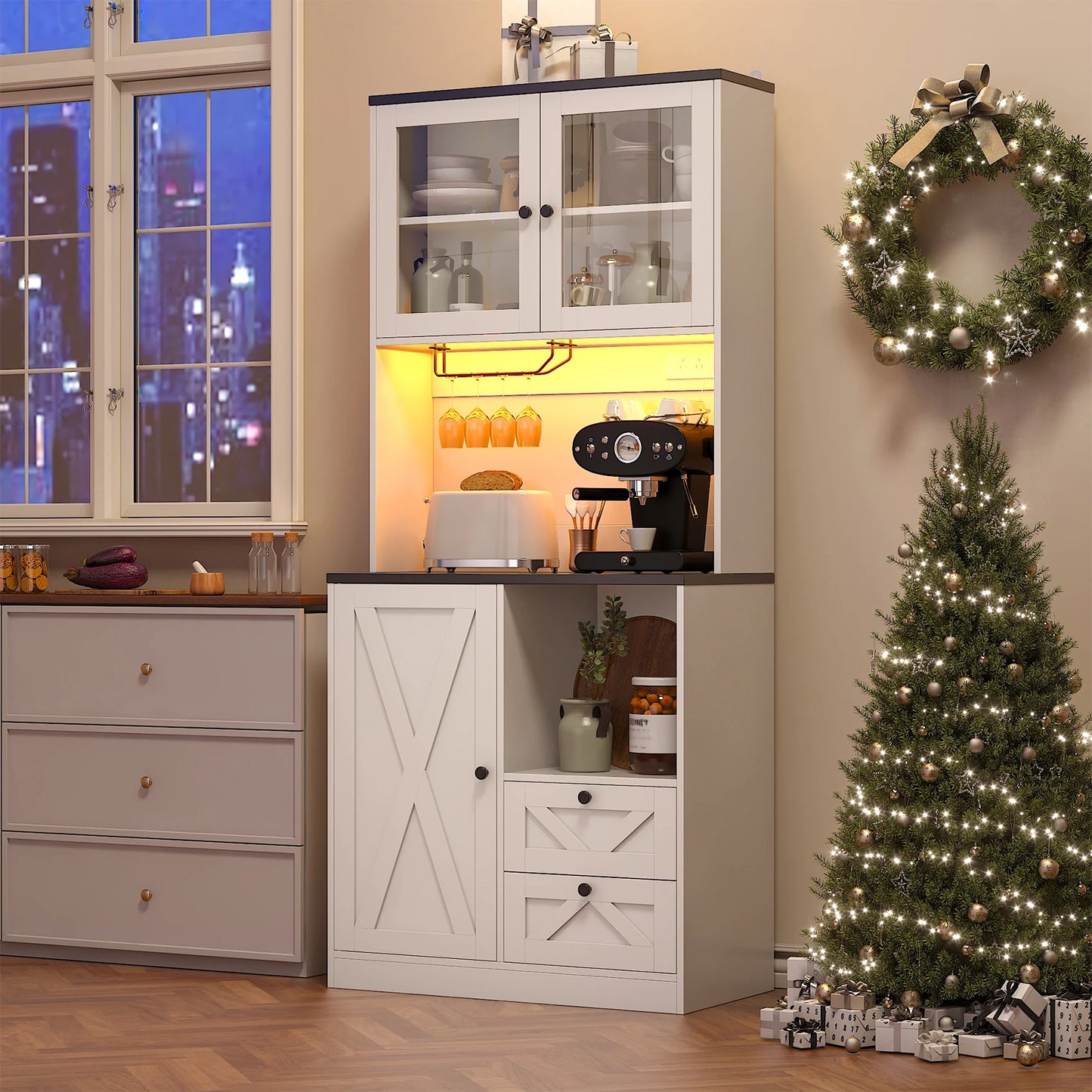 BIGBIGLIFE Kitchen Pantry Cabinet With LED Lights And Microwave Stand