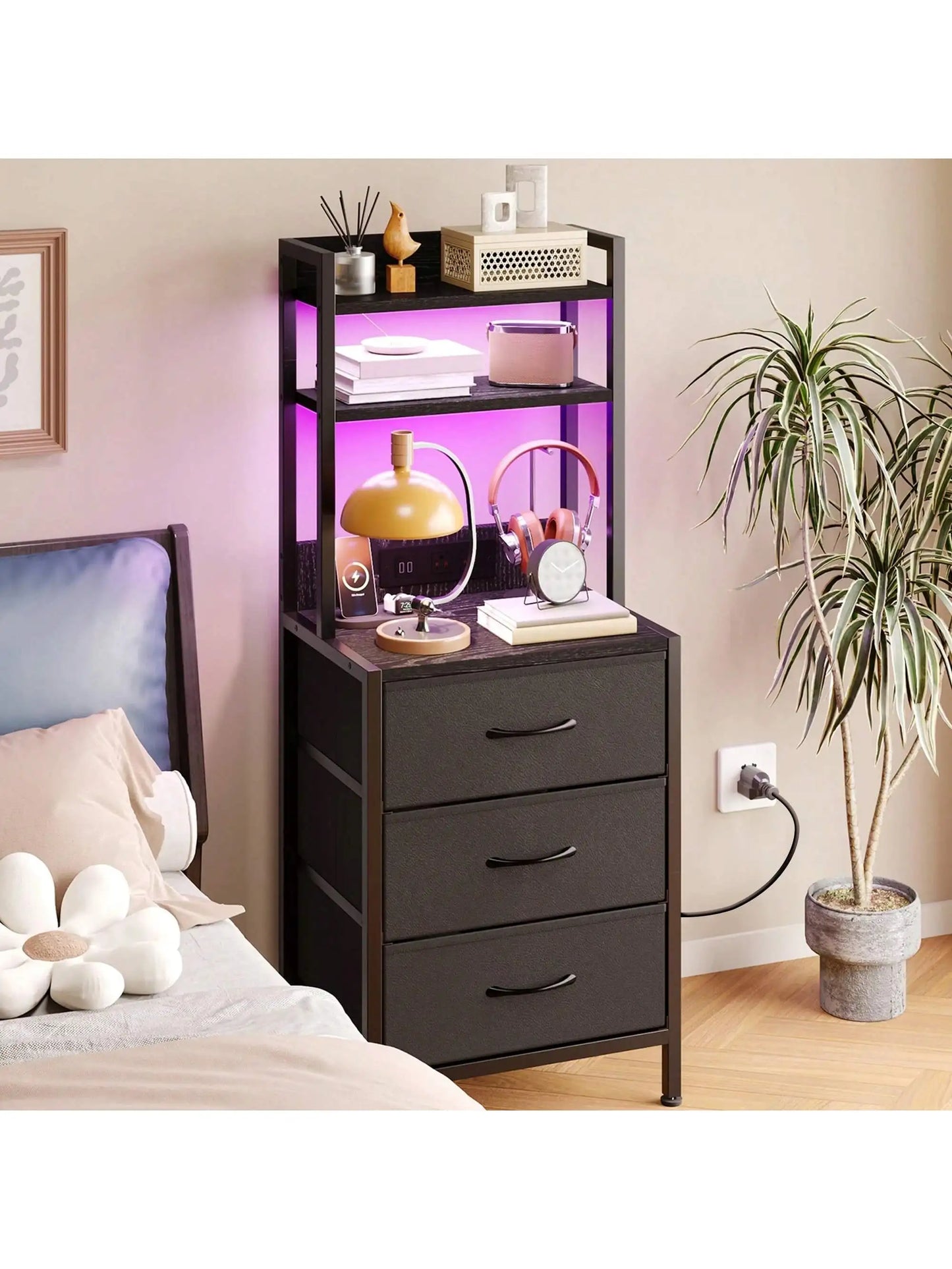 Triple Function Charging Cabinet Side Table Nightstand Bookshelf With Light