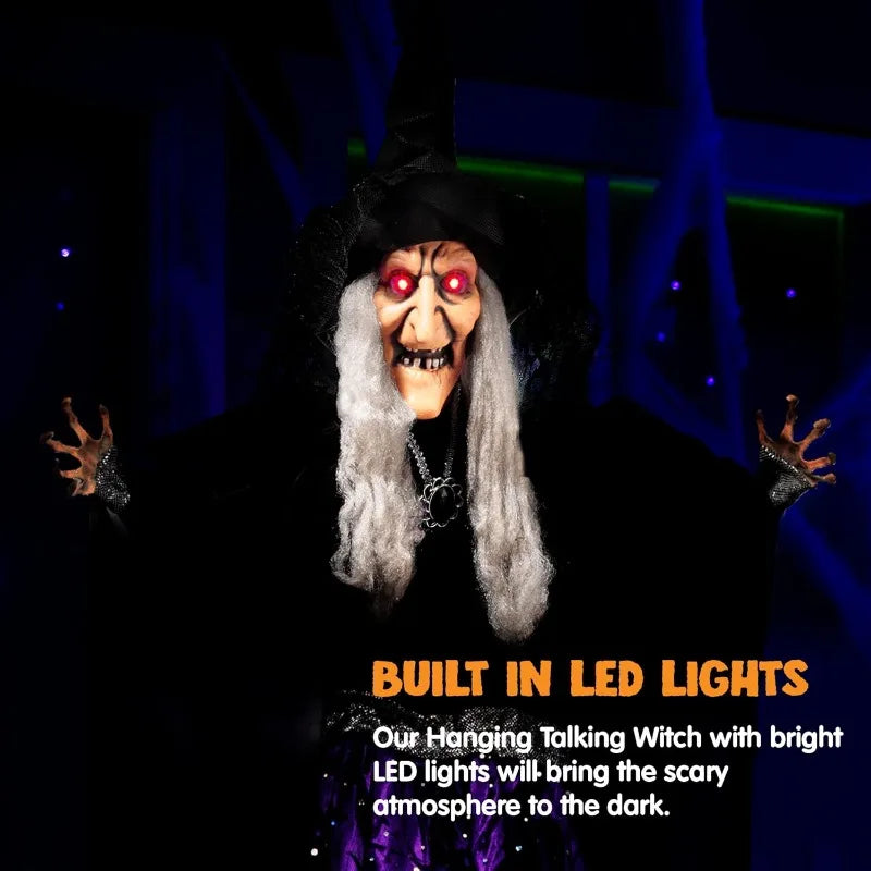 47'' Tall Animated Witch Halloween Decorations Outdoor Indoor Scary Halloween Animatronics Decor, Hanging Ghost Talking Sound Activated Led Lights Eyes Haunted House Yard Garden Lawn