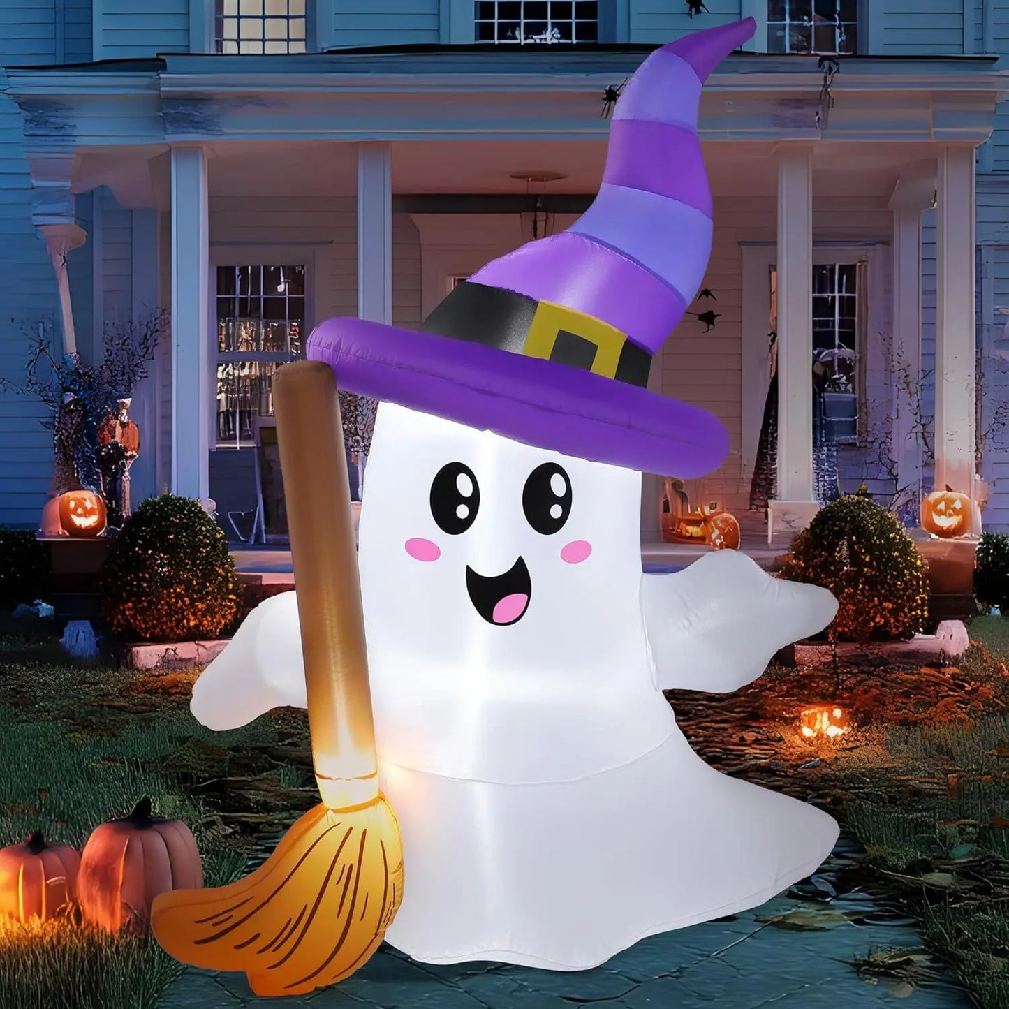 6 FT Tall Halloween Inflatables Ghost Outdoor Decorations Cute Blow Up Ghost Holding Broom with LED Blow Up Yard Decorations for Halloween Outdoor Yard Garden Lawn Party Decor