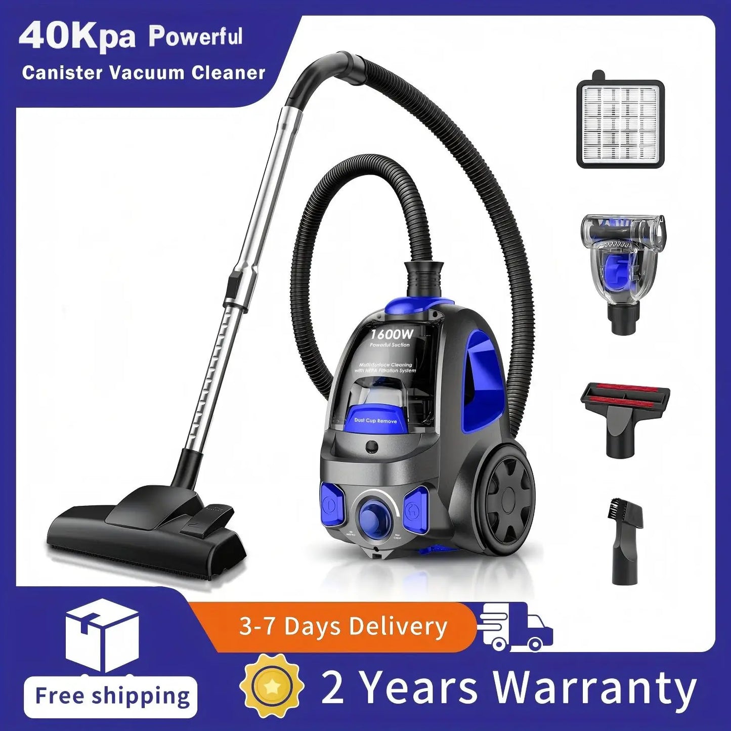 SUXIANGVAC Canister Vacuum Cleaner 1600W 40KPa For Hard Floors Carpets