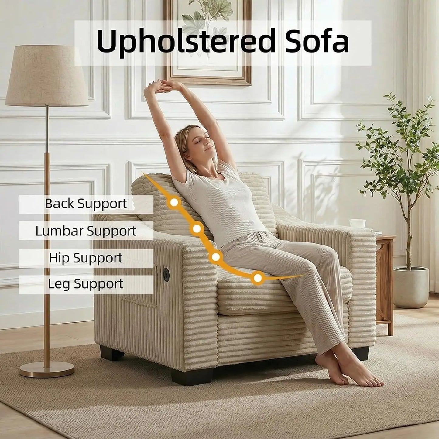 Corduroy Accent Chair With USB Charger Pocket Storage