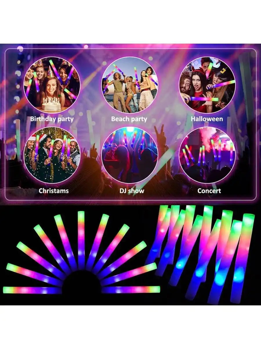 Foam Glow Sticks Vibrant Electric Multicolor RGB 30/100 Pcs LED Light Up Foam Batons With 3 Flashing Modes For Weddings Dances Concerts Birthday Halloween Christmas Party Supplies Party Favors Nightclub Rave Props Accessories