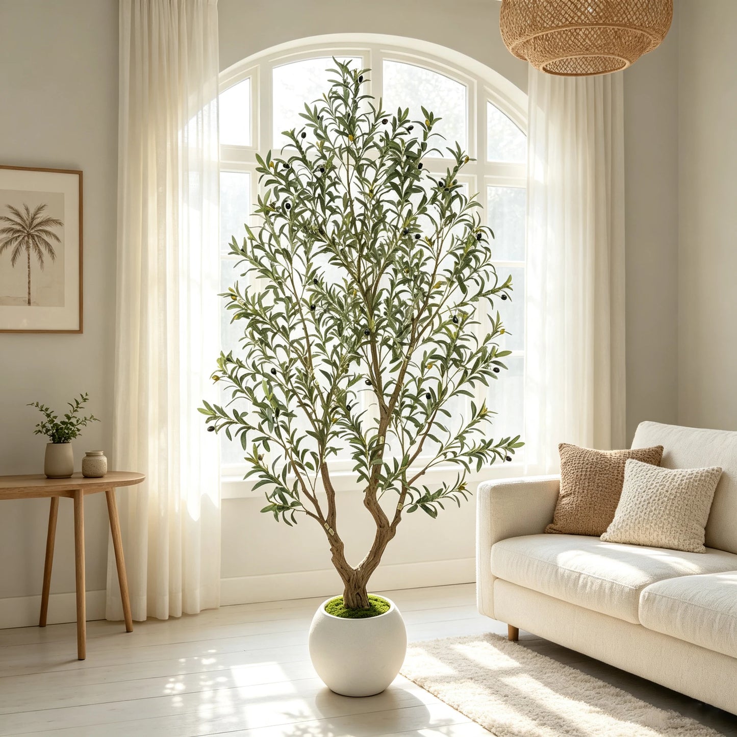 5/6/7/8FT Olive Tree Artificial Indoor Outdoor Faux Olive Tree in Decorative Planter Fluffy Artificial Plants with Natural Wood Trunk and PE Lifelike Fruits for Home Living Room Office Decor