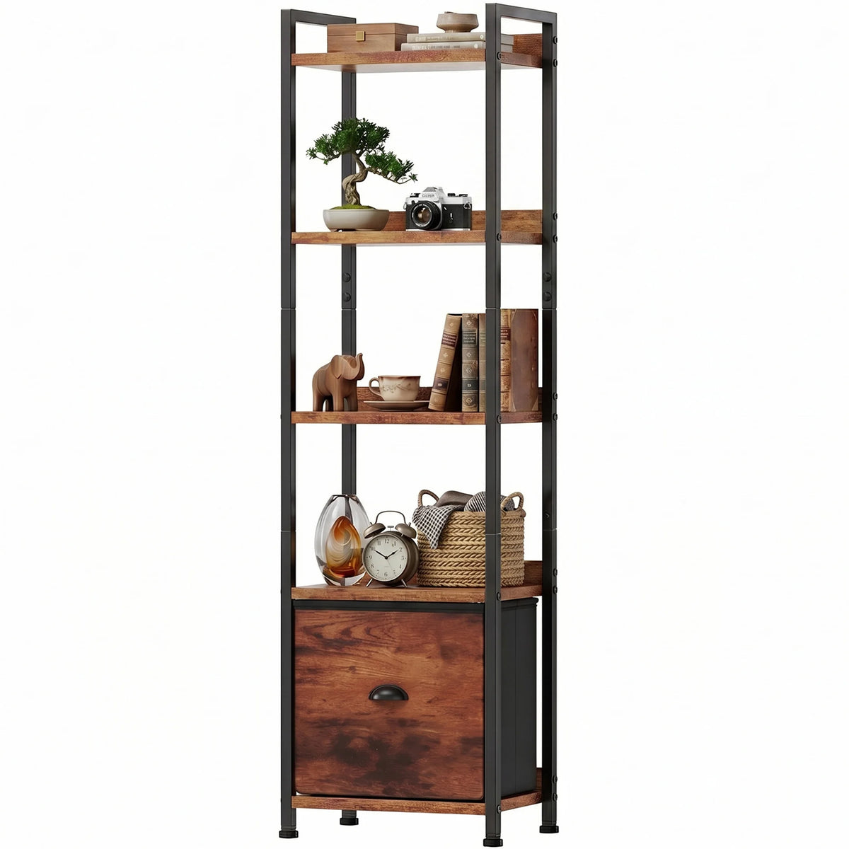Metal Five Tier Freestanding Bookshelf With Fabric Storage Drawers