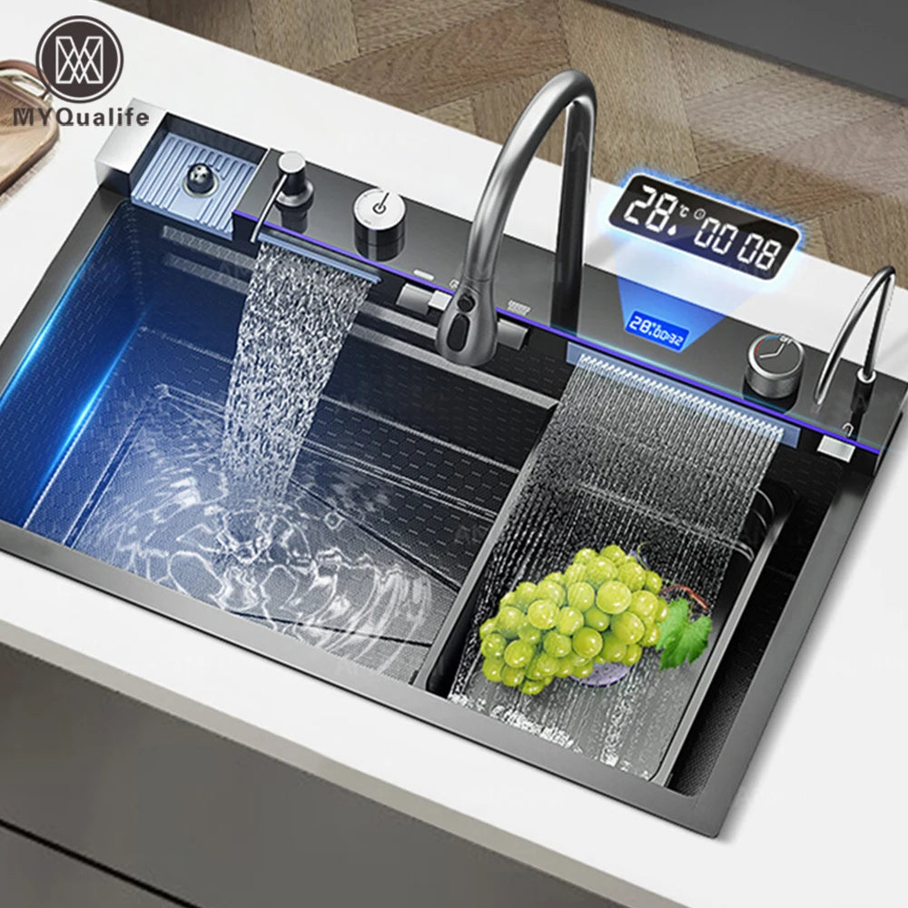 MYQualife 304 Stainless Steel Waterfall Kitchen Sink With Soap Dispenser