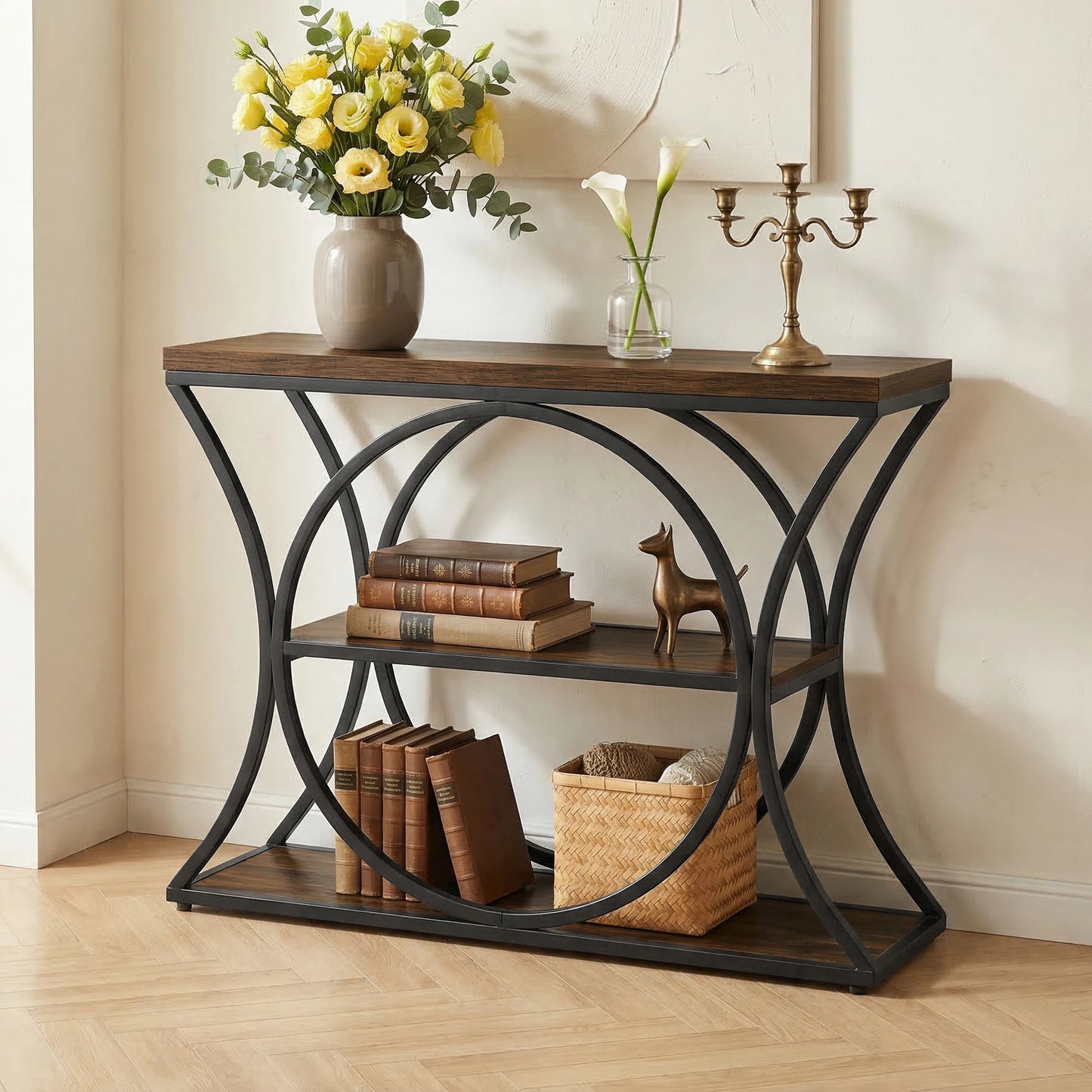 Tribesigns 43.34-Inch Industrial Console Table, 3-Tier Sofa Table with Arched Metal Frame, Narrow Accent Entryway Tables with Storage Shelf for Living Room, Behind Couch, Hallway, Foyer, Small Spaces