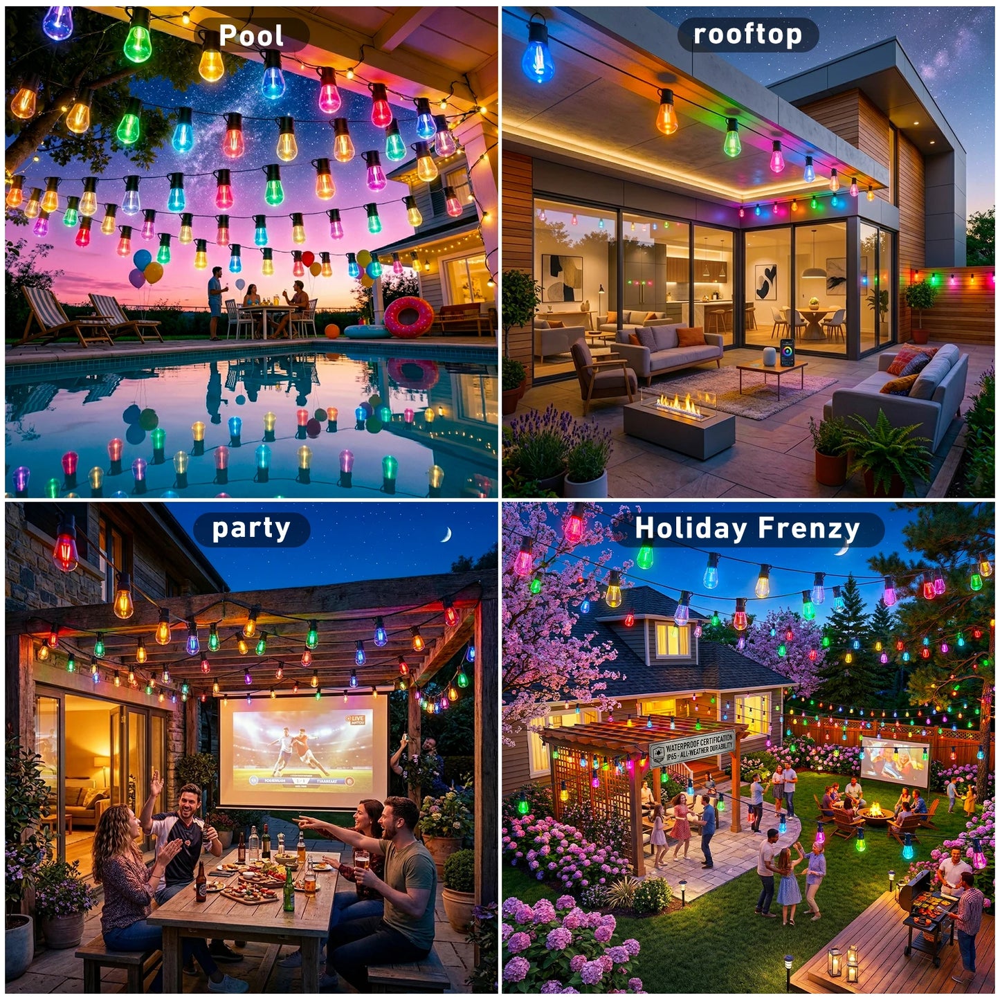 200FT RGB+IC Outdoor String Lights IP67 Waterproof DreamColor LED Bulbs Dimmable Shatterproof Patio Backyard Balcony Eave Lights APP Remote Control Chasing Effect