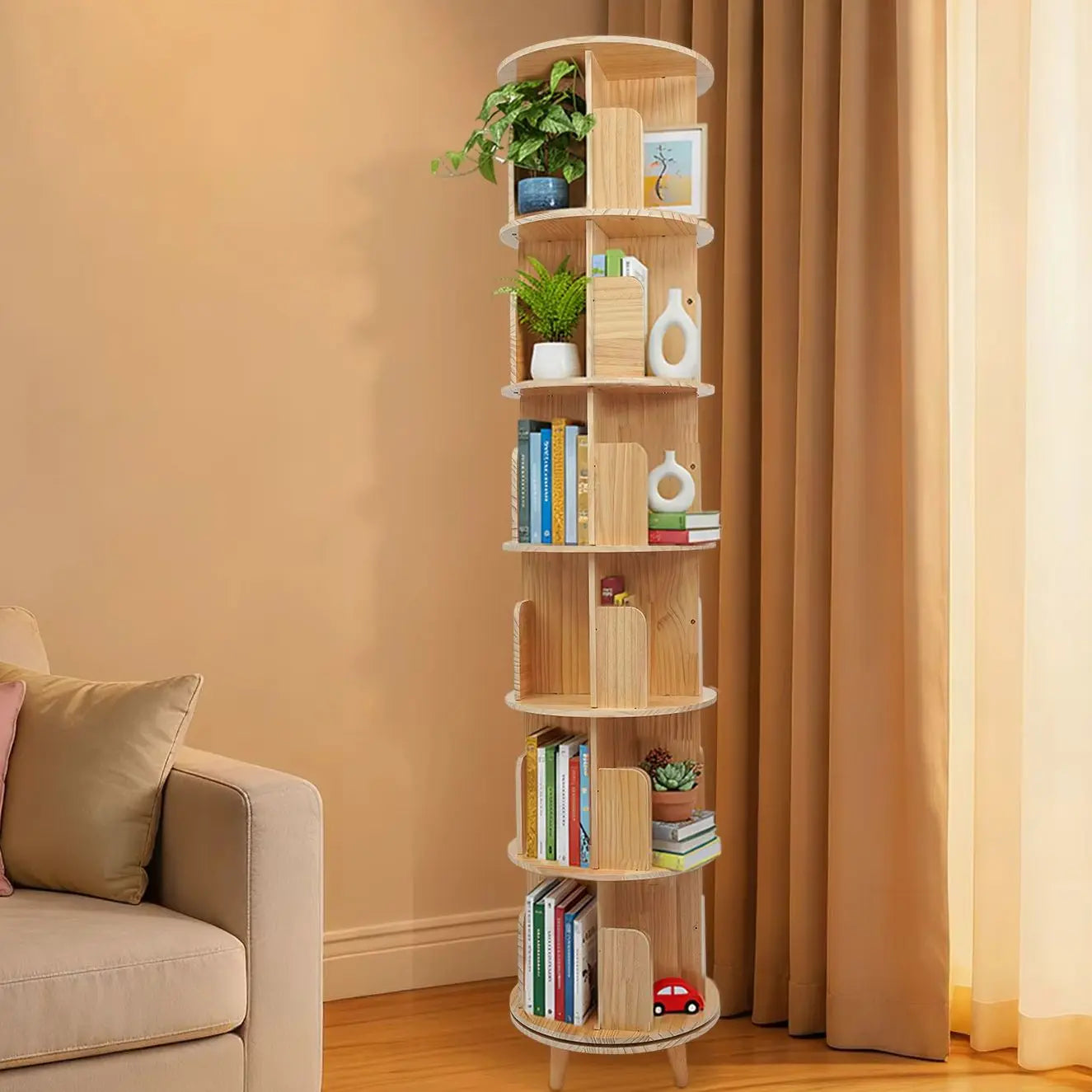 6 Tier Pine Wood Bookshelf 360° Rotating Bookcase Storage with Legs Floor Standing Bookshelf Organizer for Storing Books, Precious Souvenirs, Displays, Miniature Potted Plants, Photo Frames