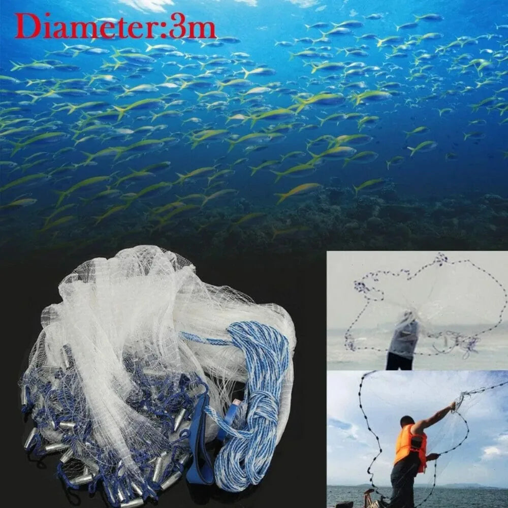 Fishing Cast Net, 10ft Diameter 3m, Anti-Tangle Mesh, Steel Sinkers for Fast Sinking, Seal Bottom Design, Ready to Use, Efficient Fish Catching Tool