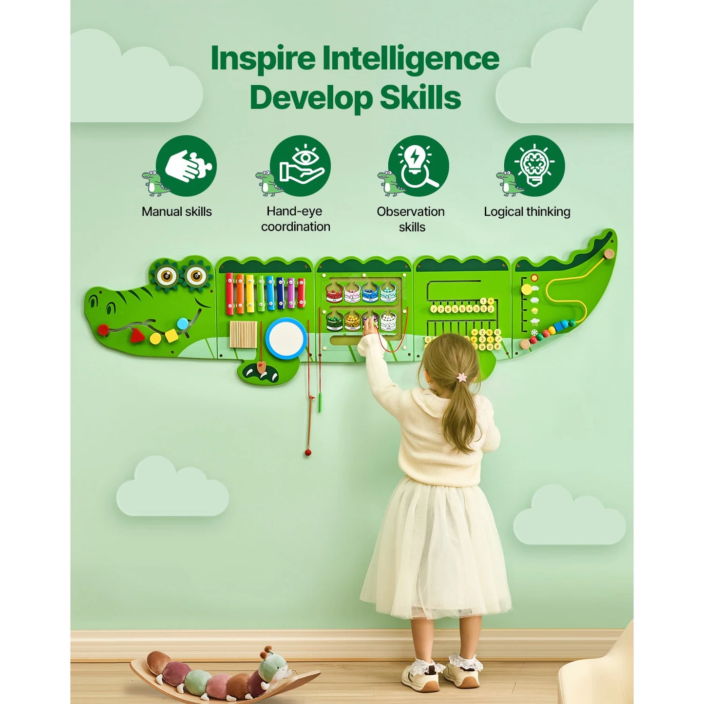 SucceBuy 9 Activities Crocodile Kids Busy Hanging Board Montessori Puzzle