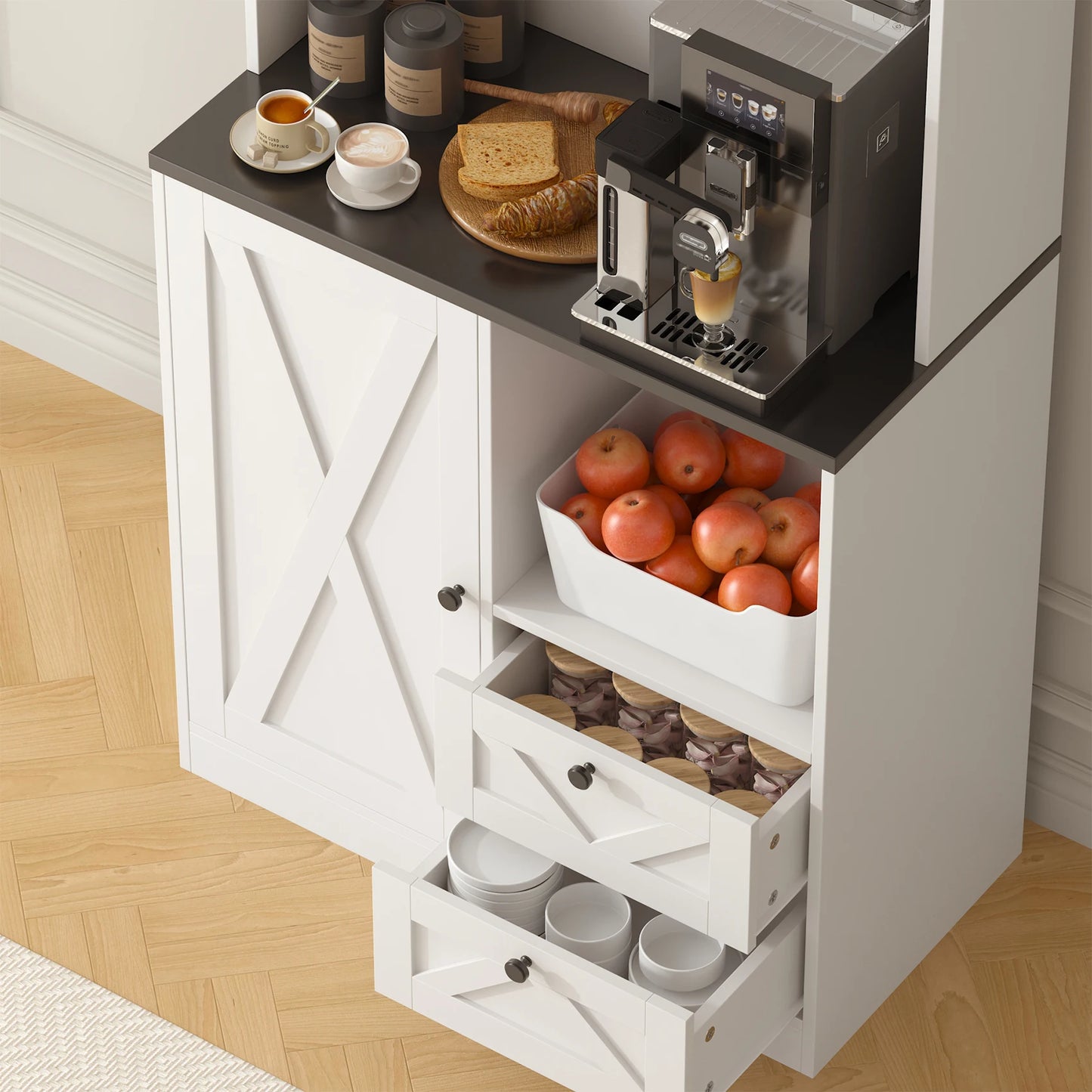 BIGBIGLIFE Kitchen Pantry Cabinet With LED Lights And Microwave Stand