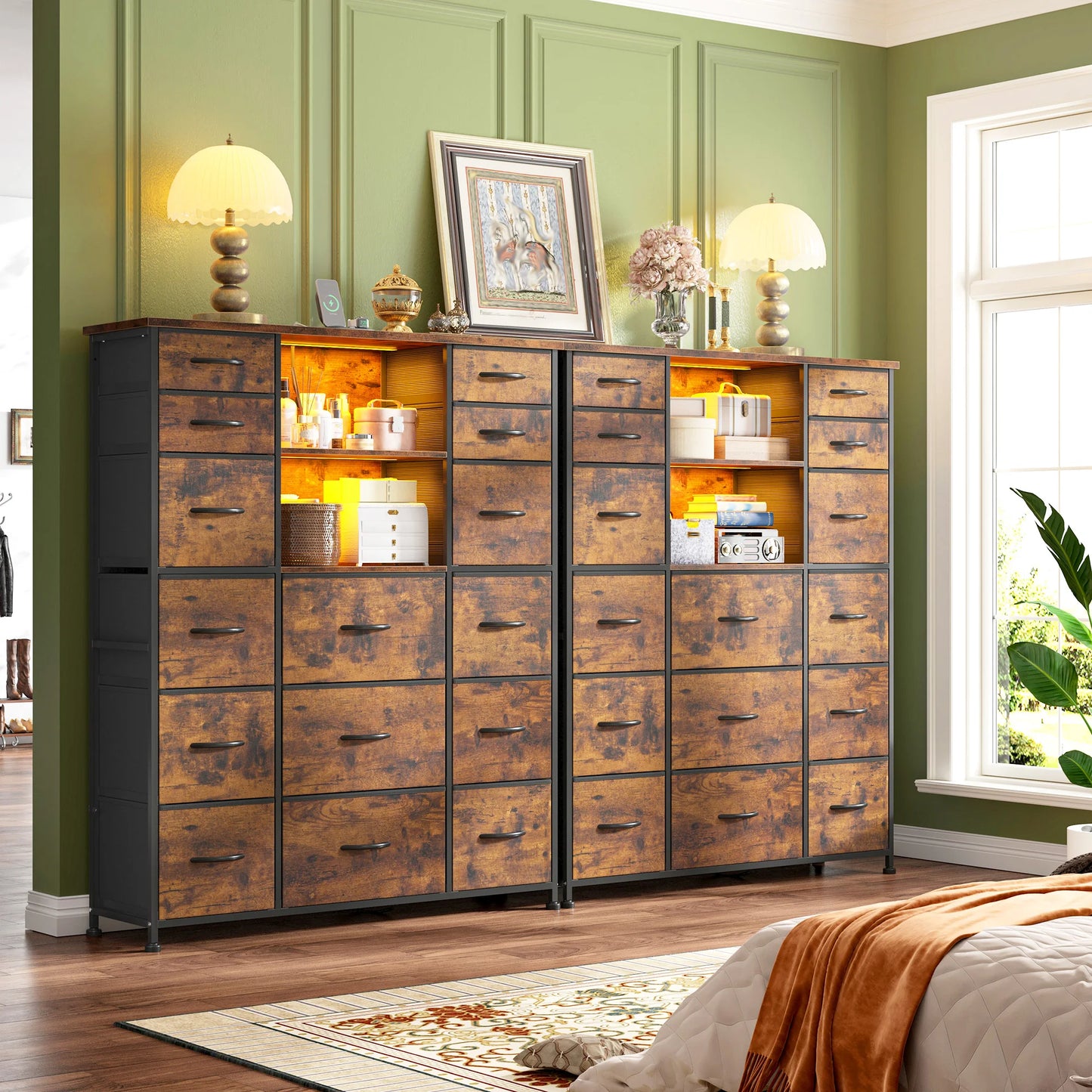 EnHomee 15 Fabric Drawers Storage Organizer With Charging Station LED Hutch