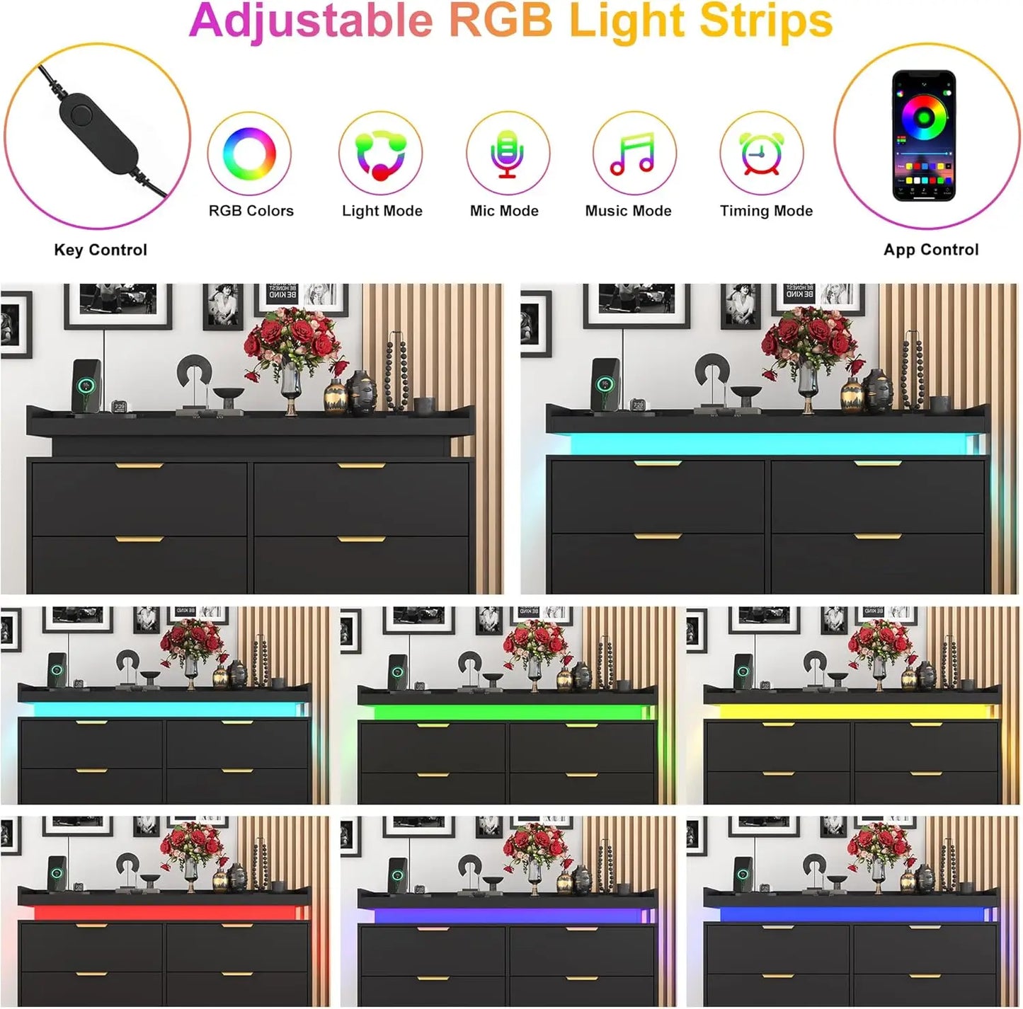6 Drawer Dresser For Bedroom With LED Lights And Outlet