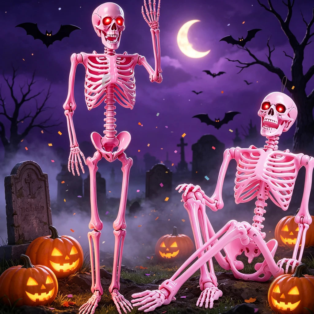 Sound Activated 5.6FT Pink Full Body Posable Skeleton with Glowing Red LED Eyes, Creepy Ghost Voice Halloween Skull Decoration, Movable Joint Plastic Bones for Yard, Haunted House, Cemetery & Spooky Party Indoor Outdoor Decor