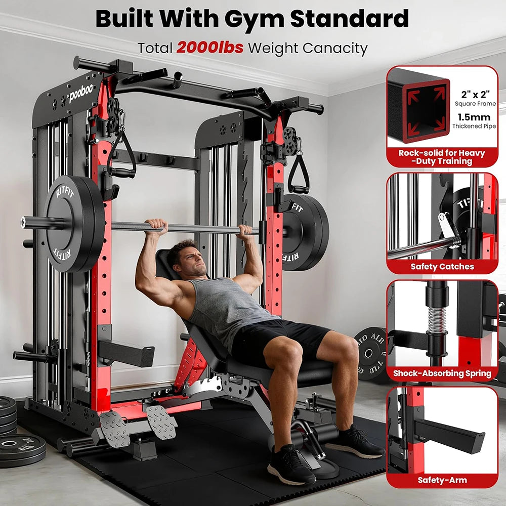 Pooboo Power Cage Smith Machine With Home Gym Cable System