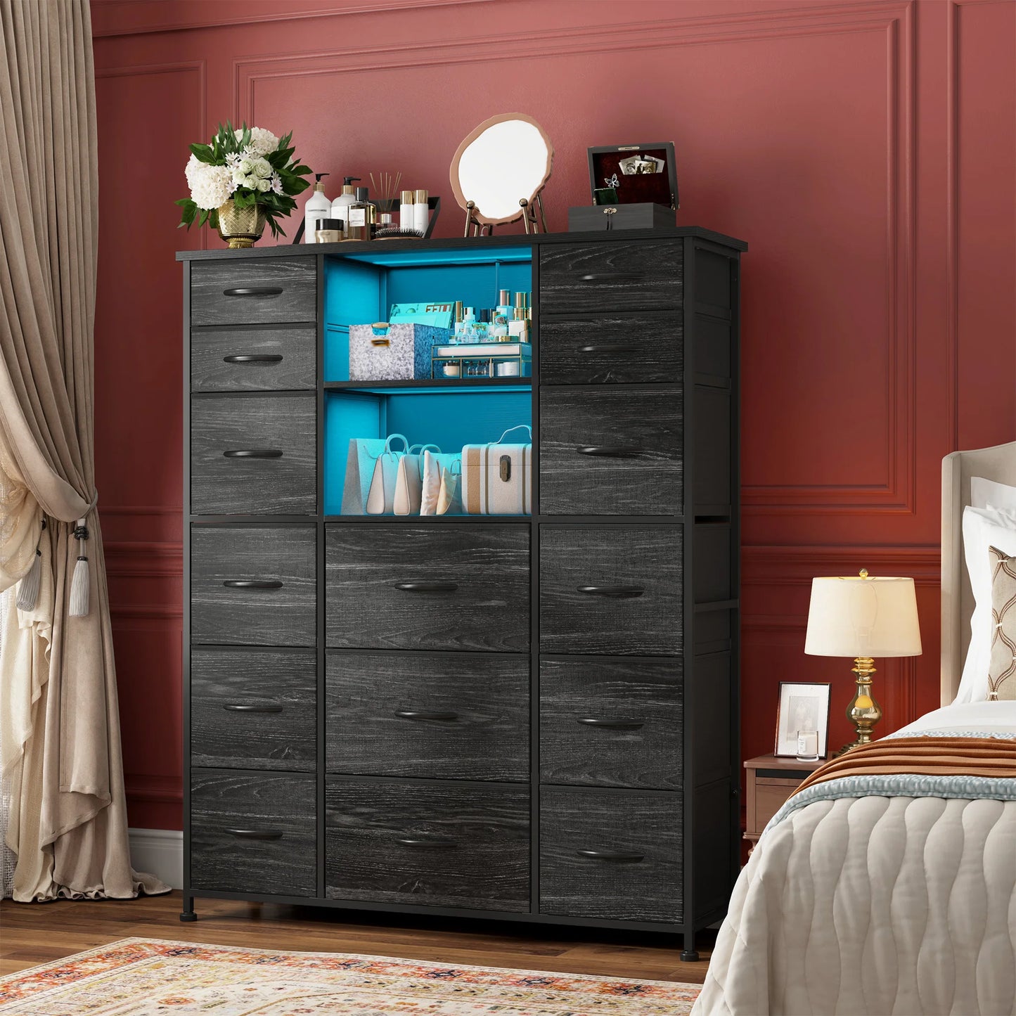 EnHomee 15 Fabric Drawers Storage Organizer With Charging Station LED Hutch
