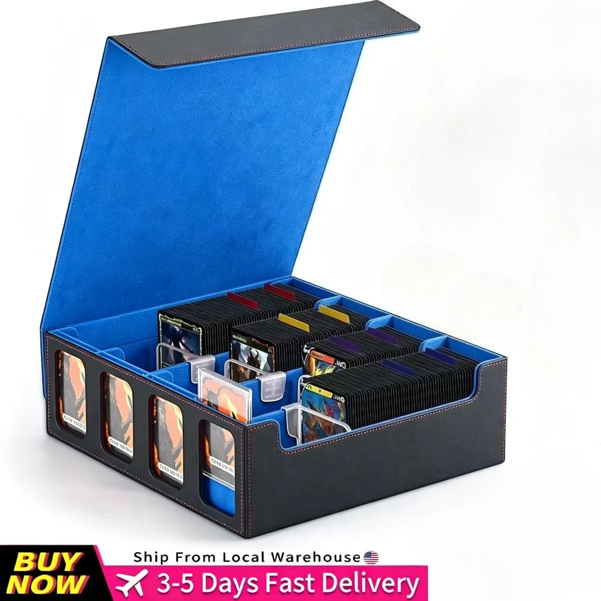 Ultra-Capacity 4-Row Trading MTG Card Storage Box with Display, Holds 3000+ Cards with Dividers & Card Holders, PU Leather Commander Deck Box for MTG, YuGiOh, TCG Deck Box, Sport Cards