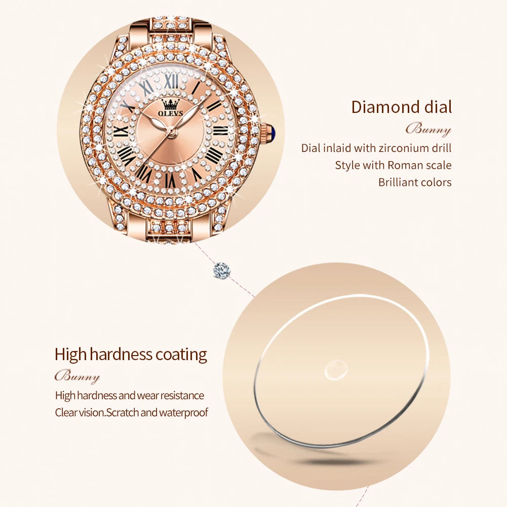 OLEVS 9943 Diamond Women's Waterproof Quartz Stainless Steel Wristwatch