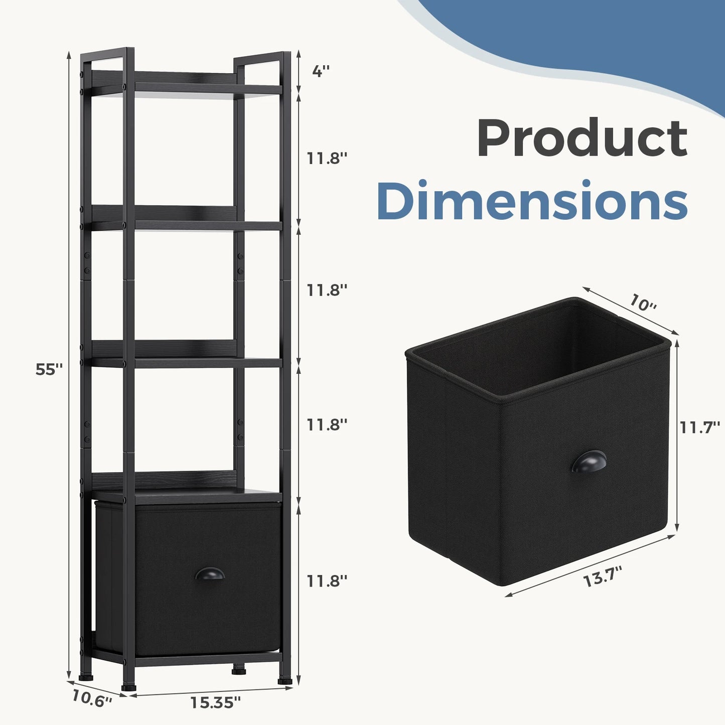MCQ 4-5 Tier Bookshelf with Fabric Drawer Standing Open Book Shelf Organizer Wood and Metal Storage Shelf Organizer in Living Room Bedroom