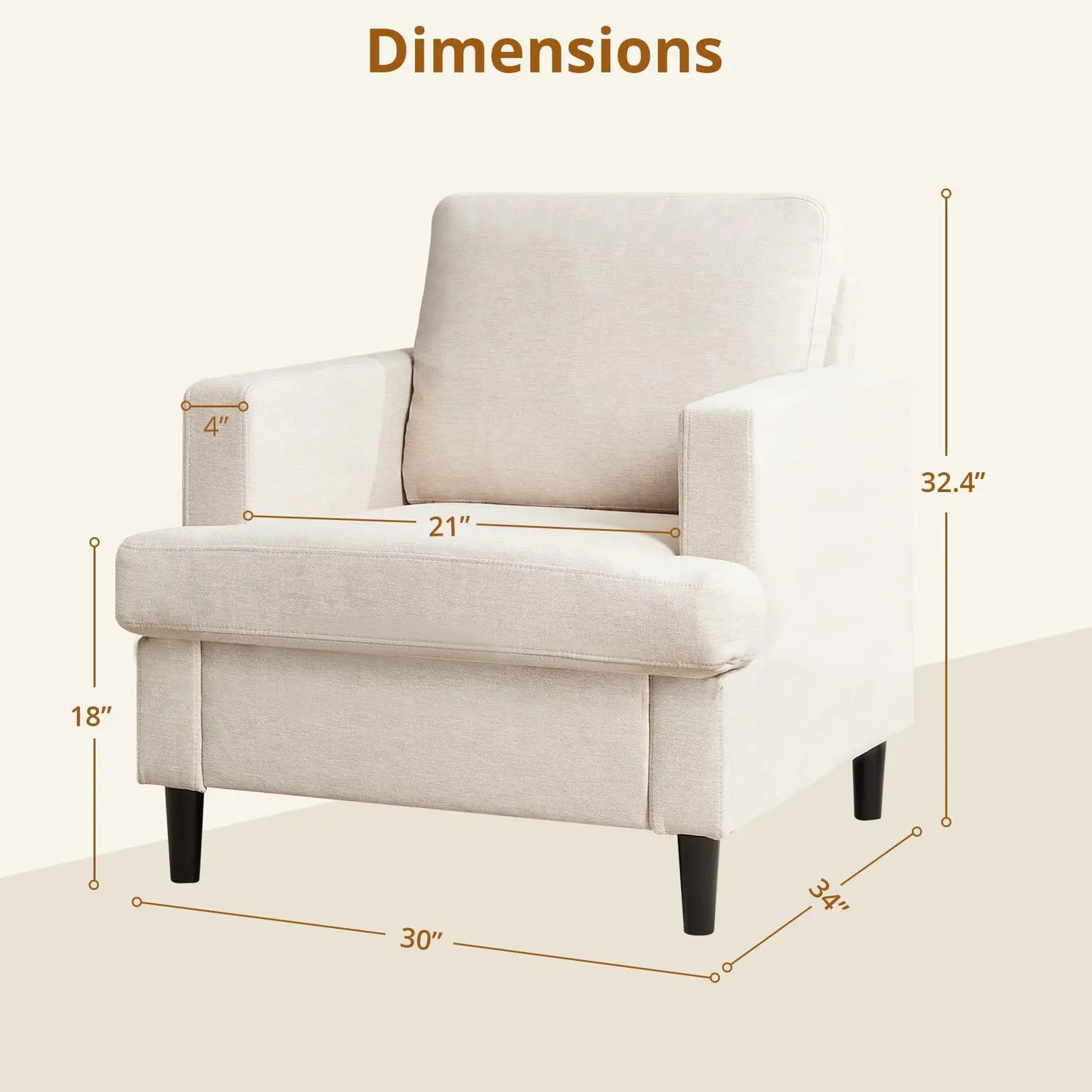 Modern Single Accent Chair Comfortable Linen Upholstered Armchair With Soft Thick High Resilience Foam Cushion Sturdy Solid Wood Legs Soft Backrest For Living Room Bedroom Office