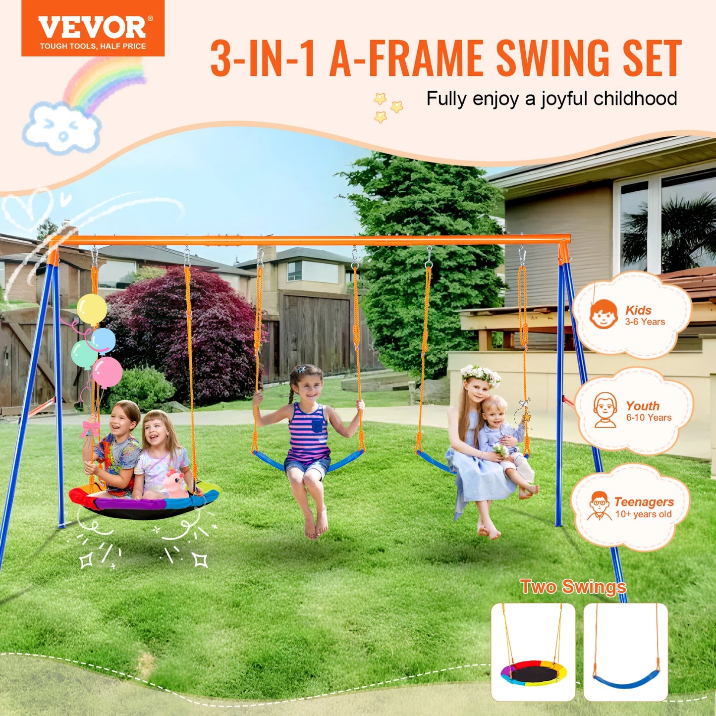 SucceBuy Swing Sets for Backyard 600lbs Capacity Swing Set with 1 Saucer Swing Seat 2 Belt Swing Seats Swingset Outdoor for Kids