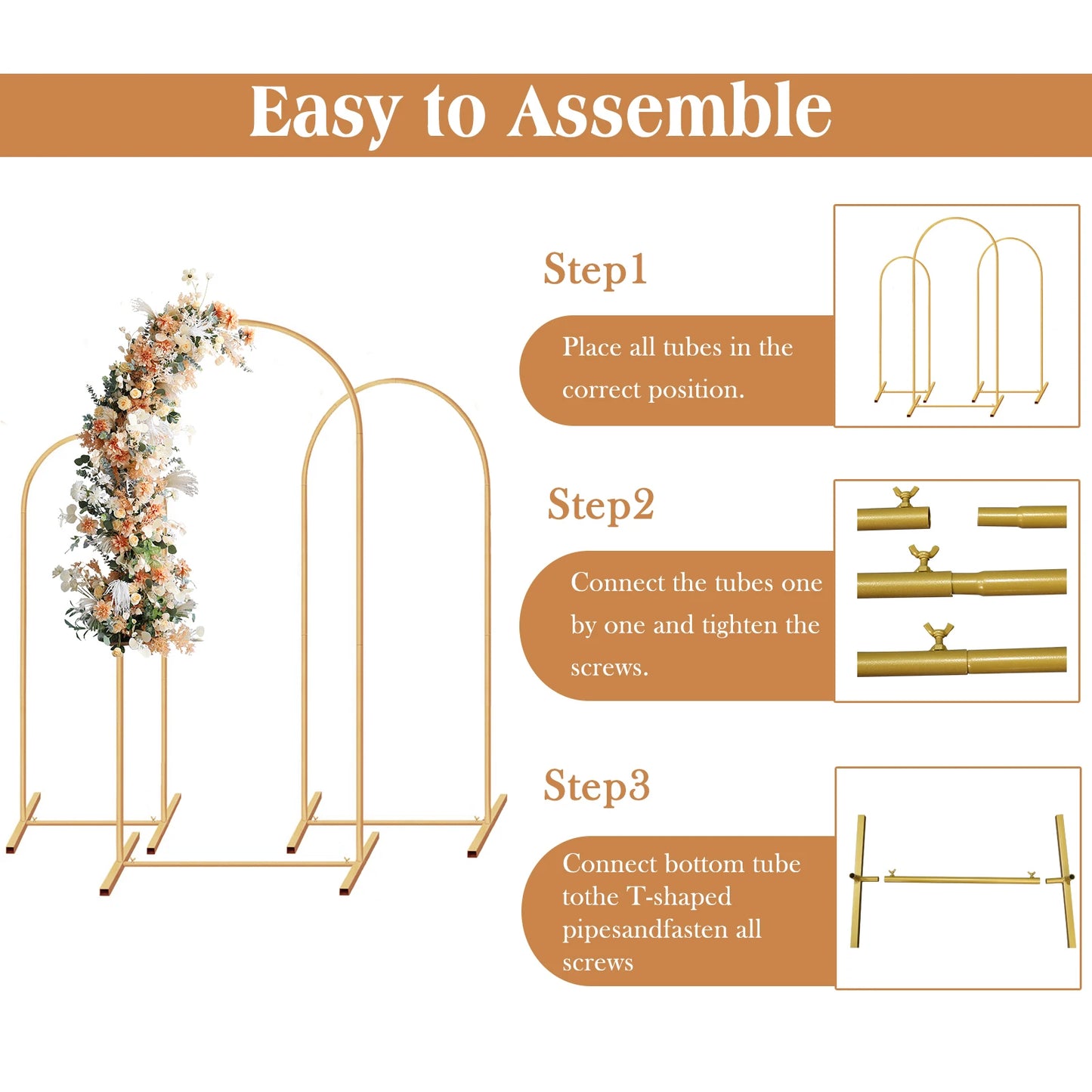 Arch Backdrop Stand, Set of 3 Gold Metal Arch Stand Wedding Arch Frame Square Balloon Arch Stand for Birthday Party Baby Shower