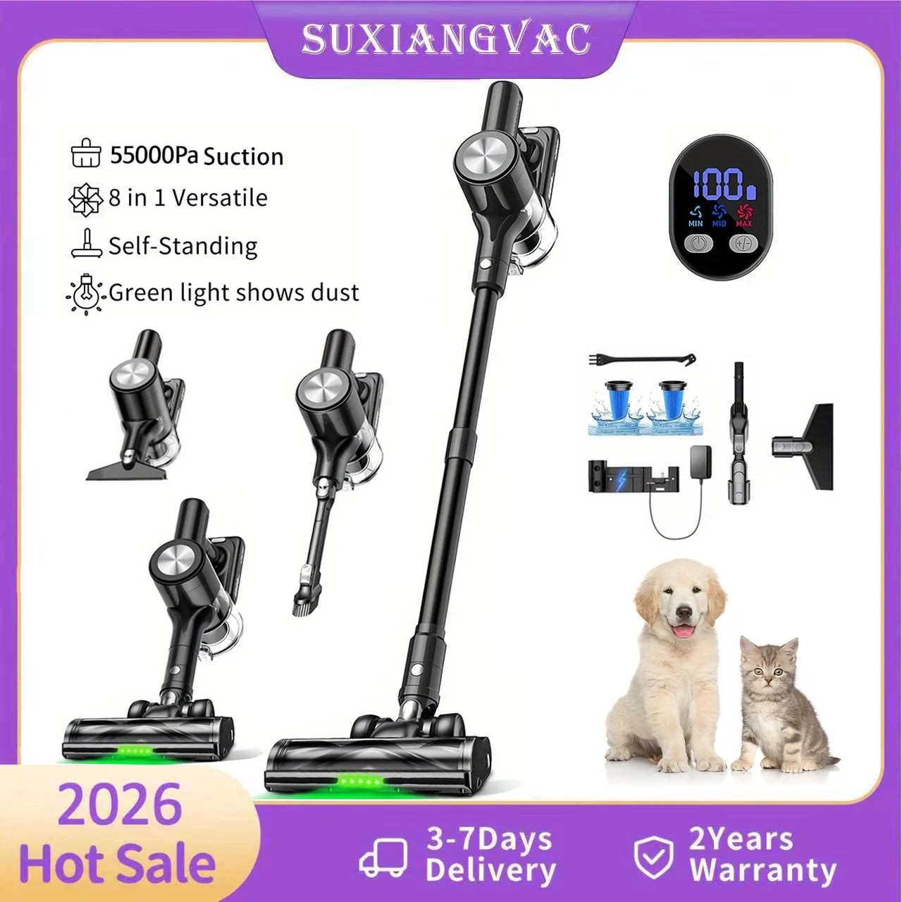 SUXIANGVAC Cordless Vacuum Cleaner 55Mins Anti-Tangle Self-Standing